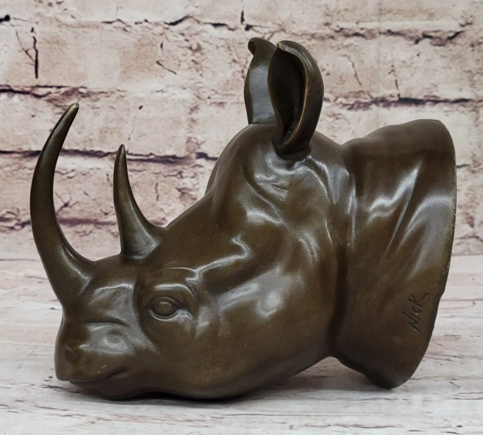 100% Bronze Sculpture Statue Rhinoceros Rhino Head Bust Art Deco Original Large