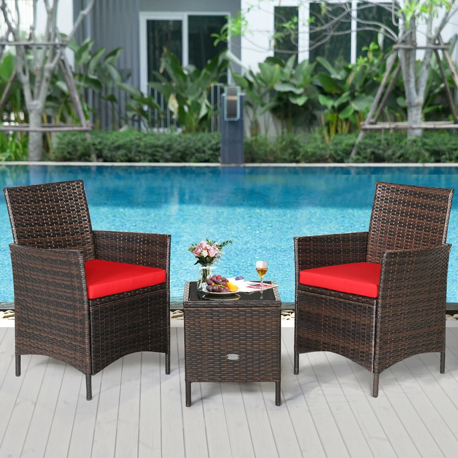 3pc Patio Rattan Furniture Set - Red