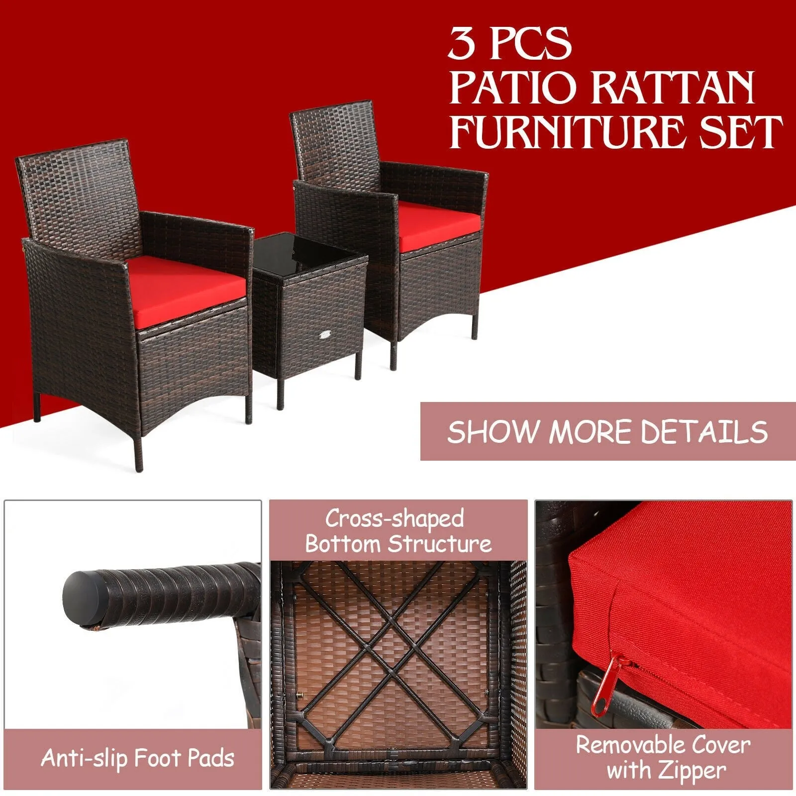 3pc Patio Rattan Furniture Set - Red