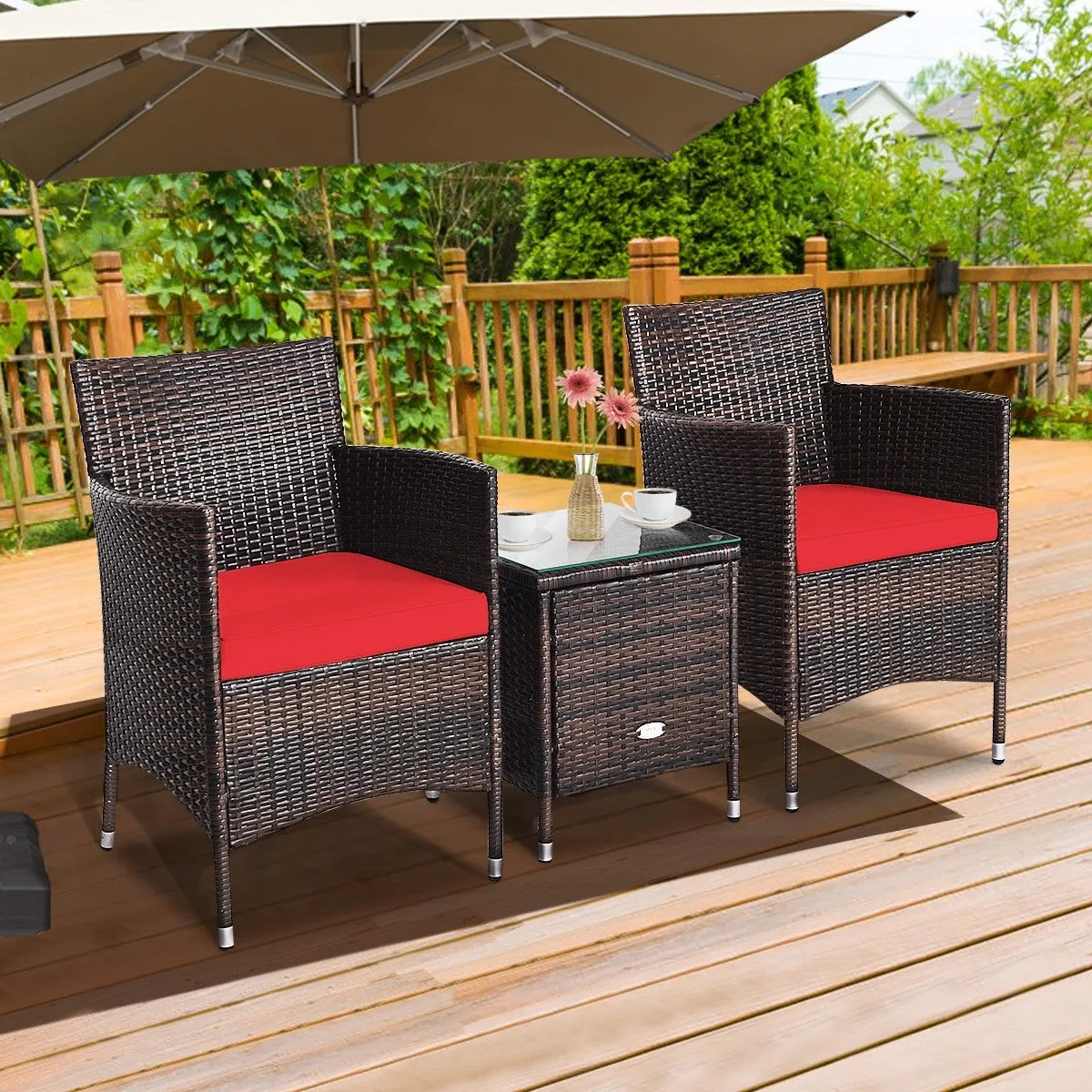 3pc Patio Wicker Rattan Outdoor Furniture Set -Red