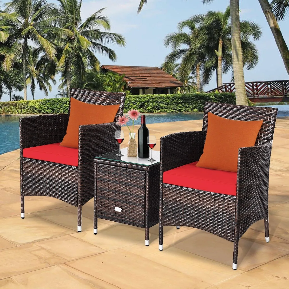 3pc Patio Wicker Rattan Outdoor Furniture Set -Red