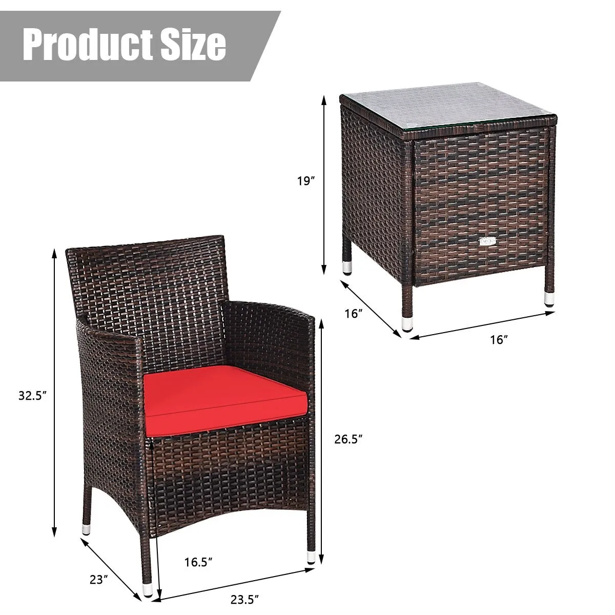 3pc Patio Wicker Rattan Outdoor Furniture Set -Red