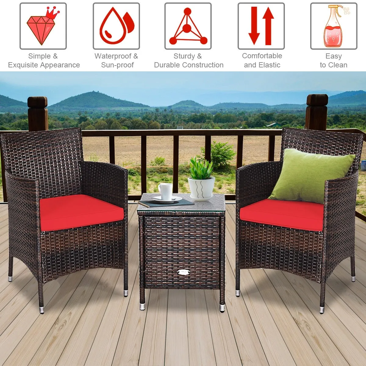 3pc Patio Wicker Rattan Outdoor Furniture Set -Red