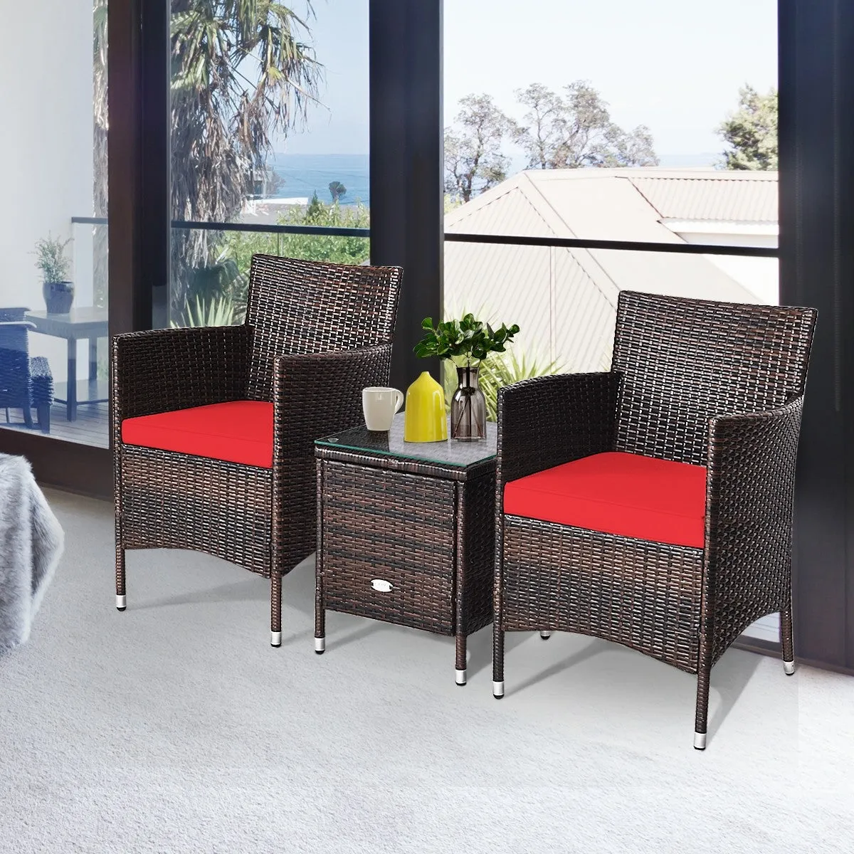 3pc Patio Wicker Rattan Outdoor Furniture Set -Red