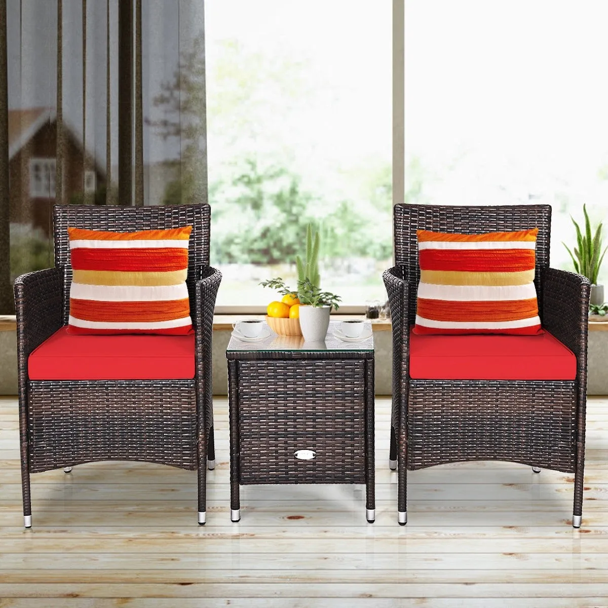 3pc Patio Wicker Rattan Outdoor Furniture Set -Red