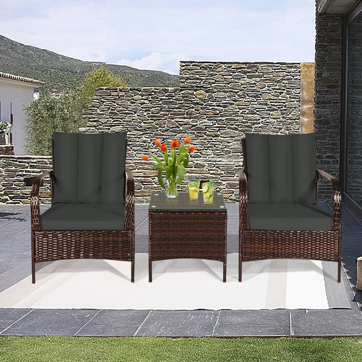 3pc Wicker Rattan Patio Furniture Set - Grey