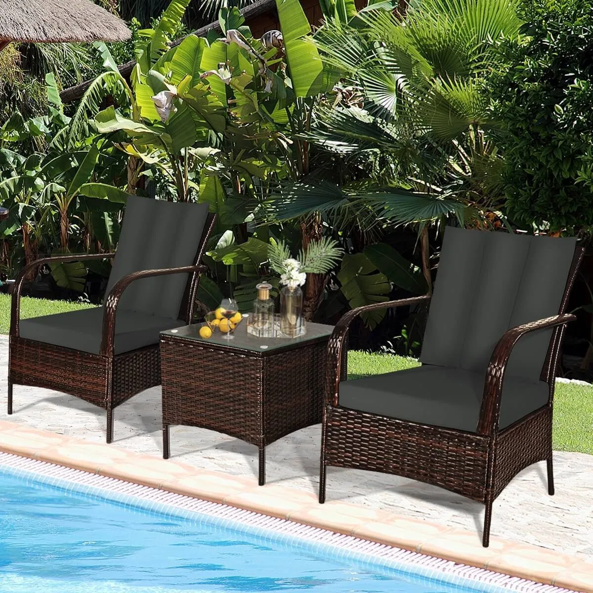 3pc Wicker Rattan Patio Furniture Set - Grey