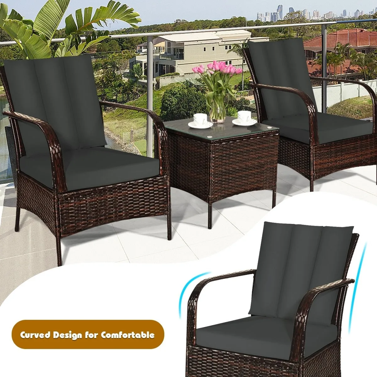 3pc Wicker Rattan Patio Furniture Set - Grey