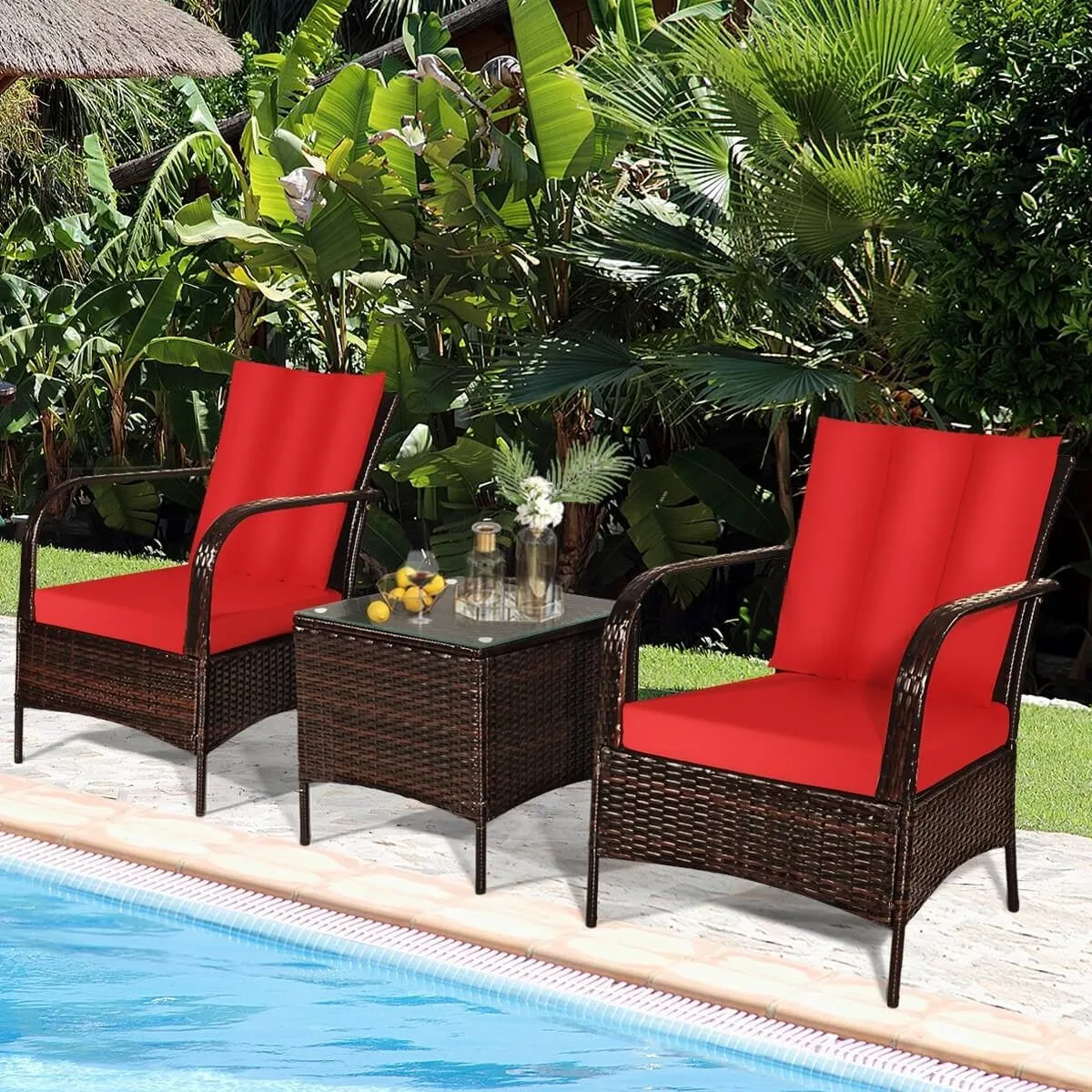 3pc Wicker Rattan Patio Furniture Set - Red