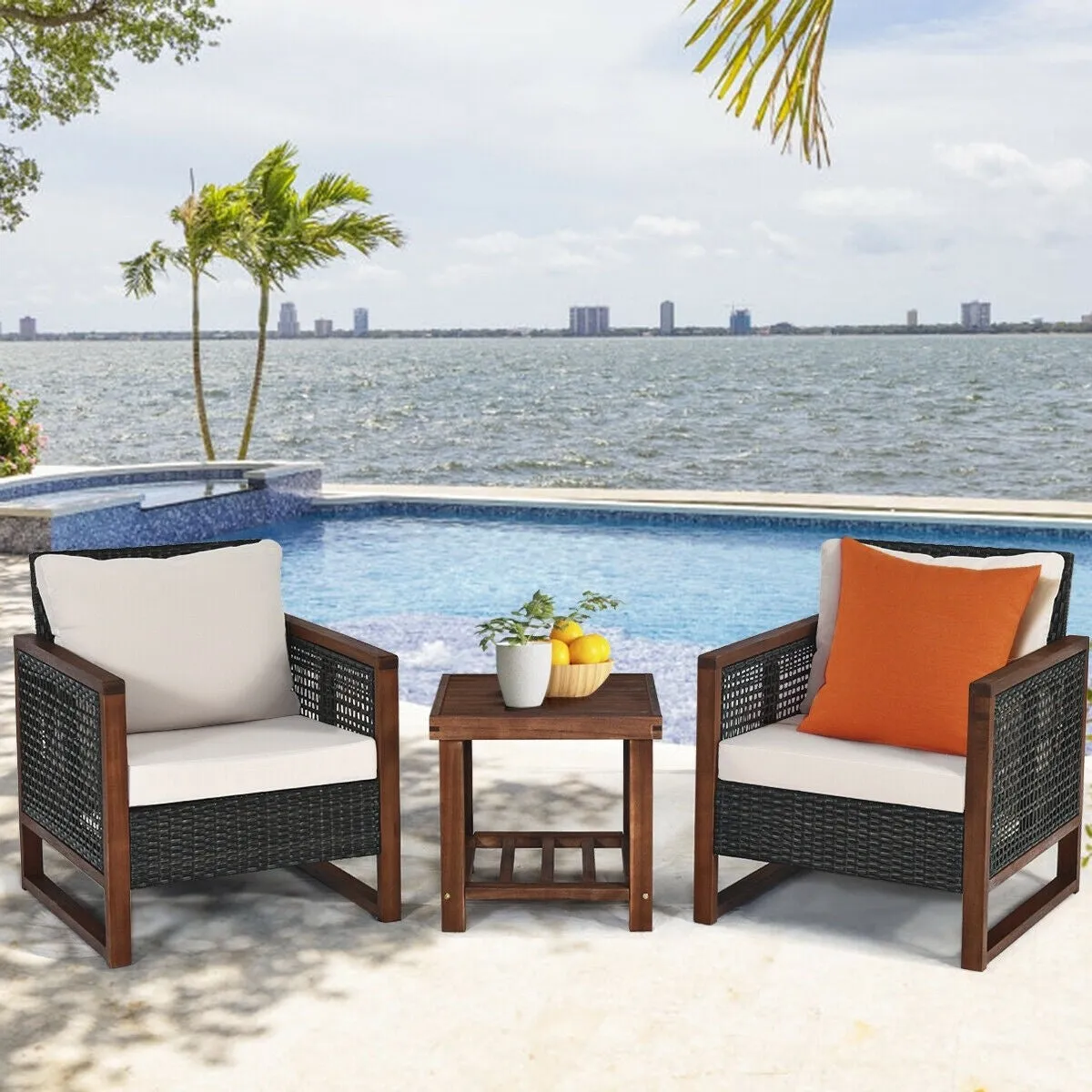 3pc Wicker Rattan Patio Furniture Set with Wooden Frame - Beige