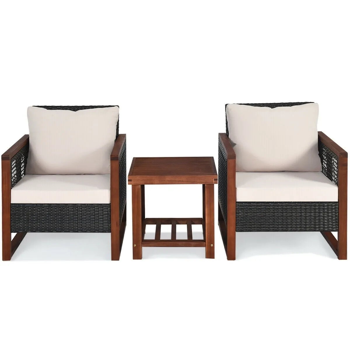 3pc Wicker Rattan Patio Furniture Set with Wooden Frame - Beige