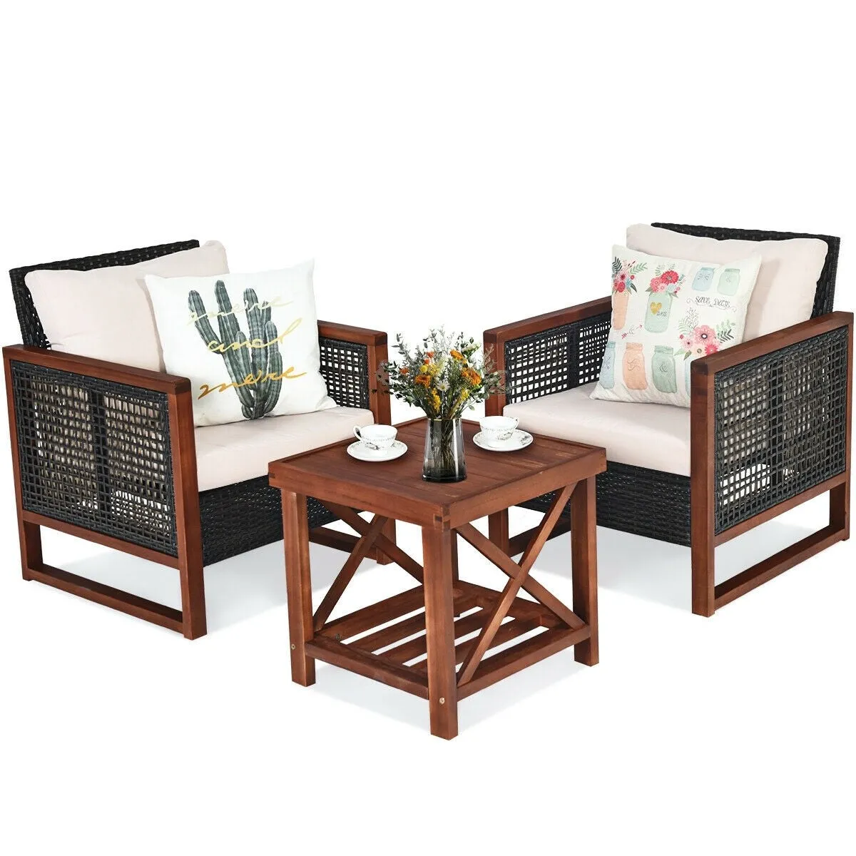 3pc Wicker Rattan Patio Furniture Set with Wooden Frame - Beige