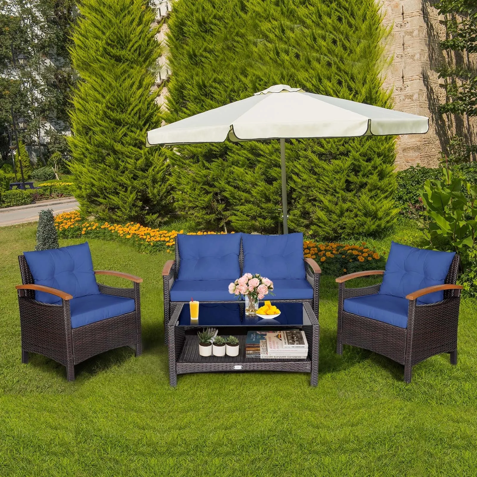 4pc Patio Rattan Furniture Set - Navy