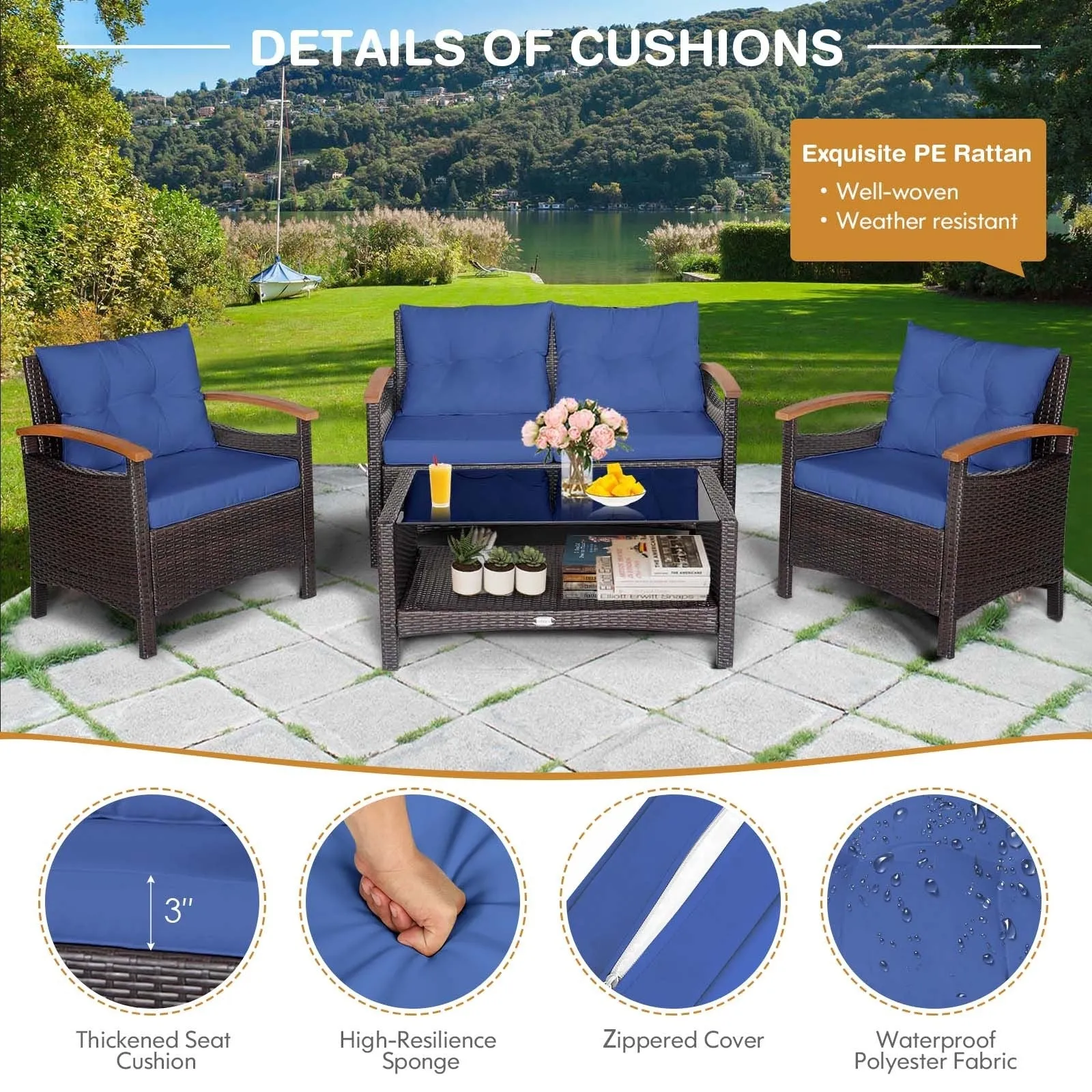 4pc Patio Rattan Furniture Set - Navy