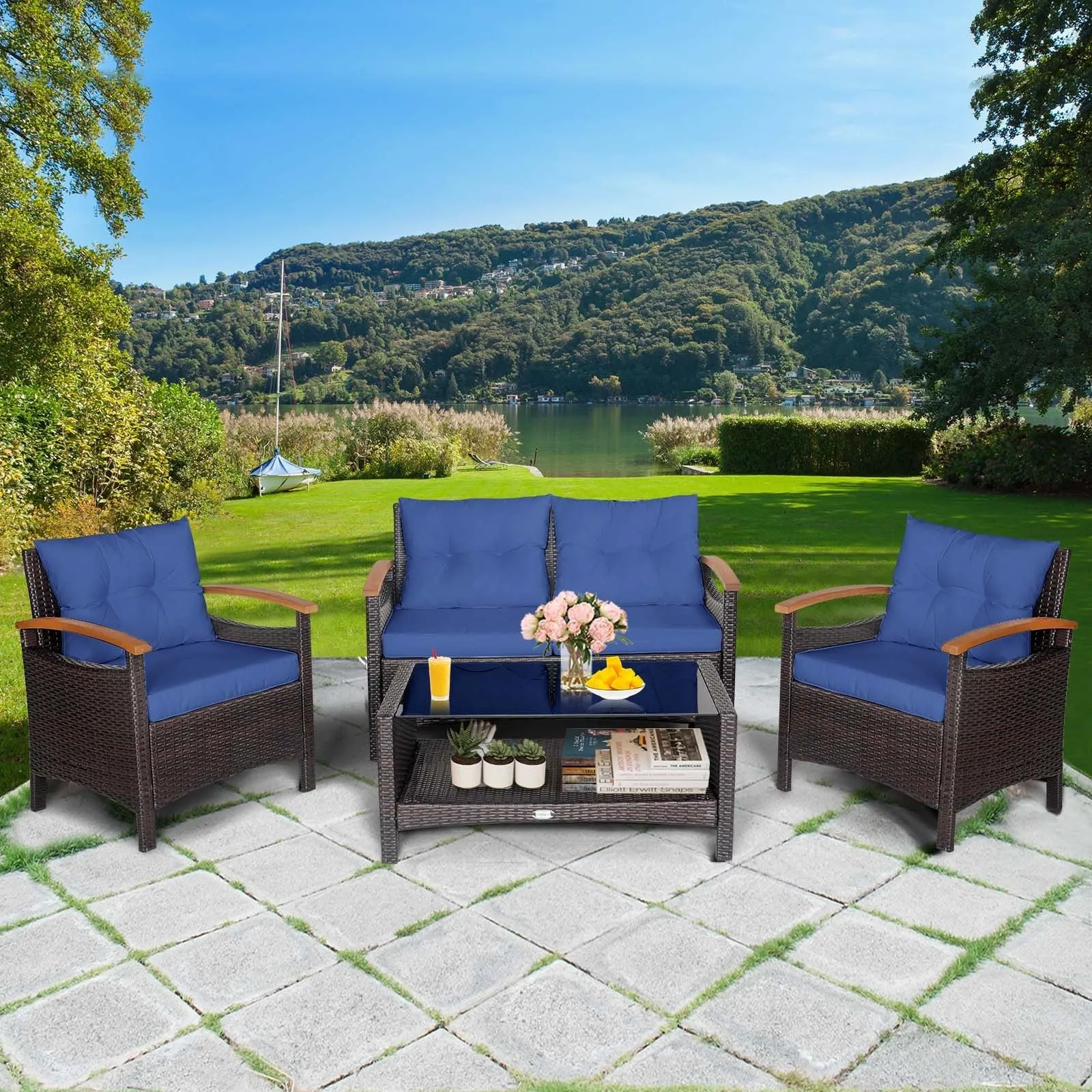 4pc Patio Rattan Furniture Set - Navy