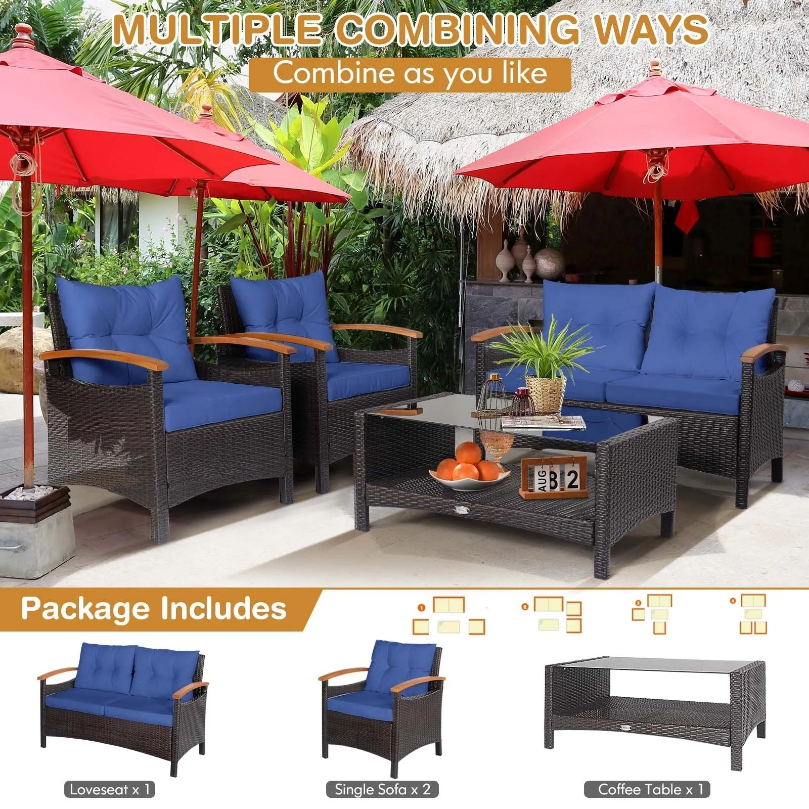 4pc Patio Rattan Furniture Set - Navy