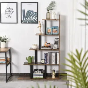 5-Tier Wooden Ladder Bookshelf - Rustic Brown