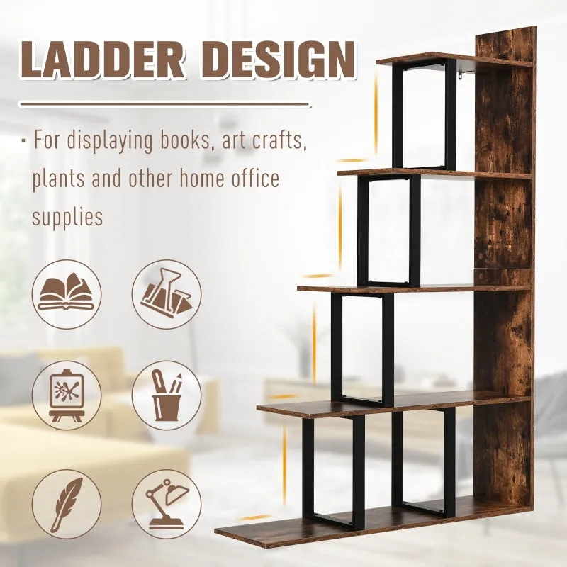 5-Tier Wooden Ladder Bookshelf - Rustic Brown