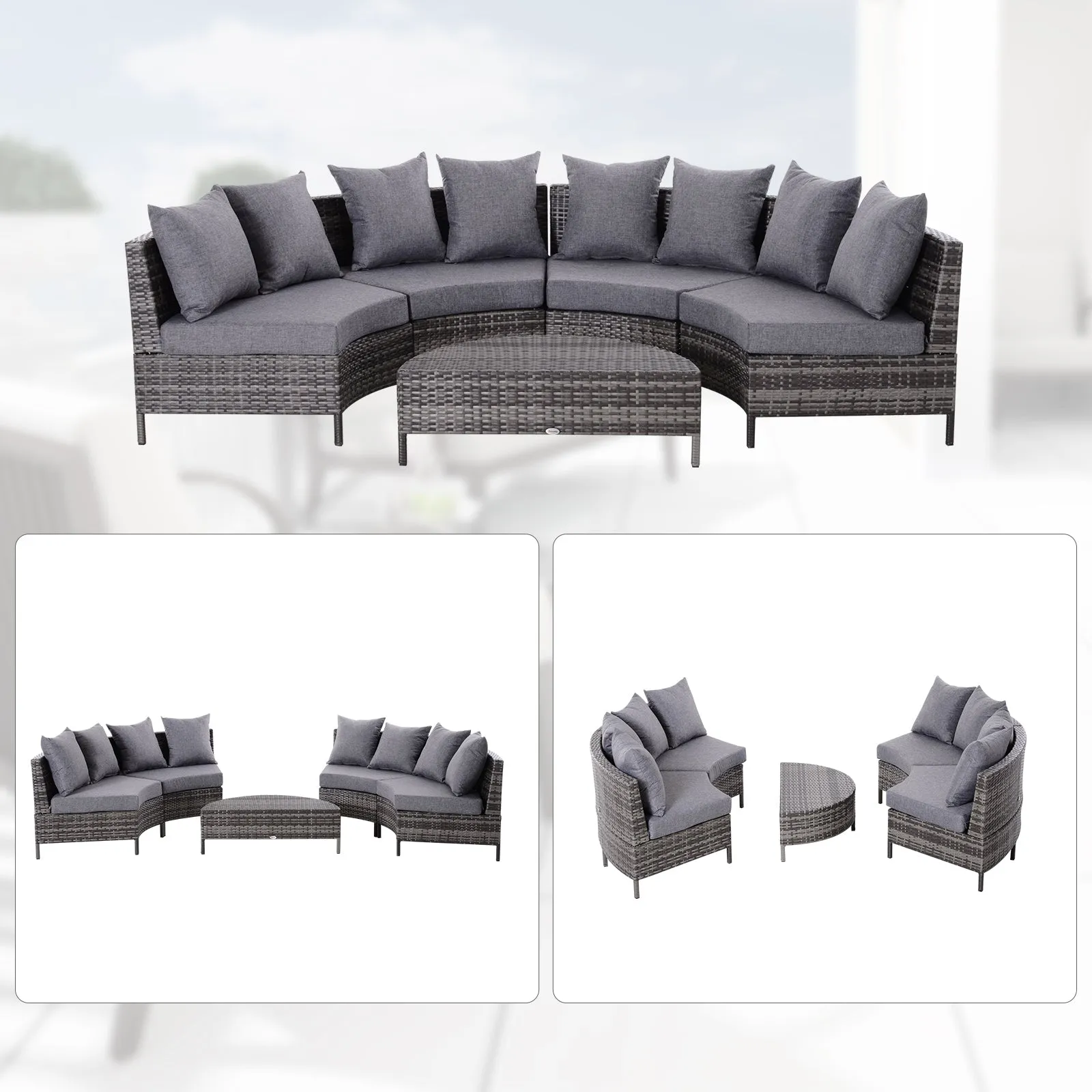 5pc Half Moon Wicker Rattan Outdoor Patio Furniture Set - Grey