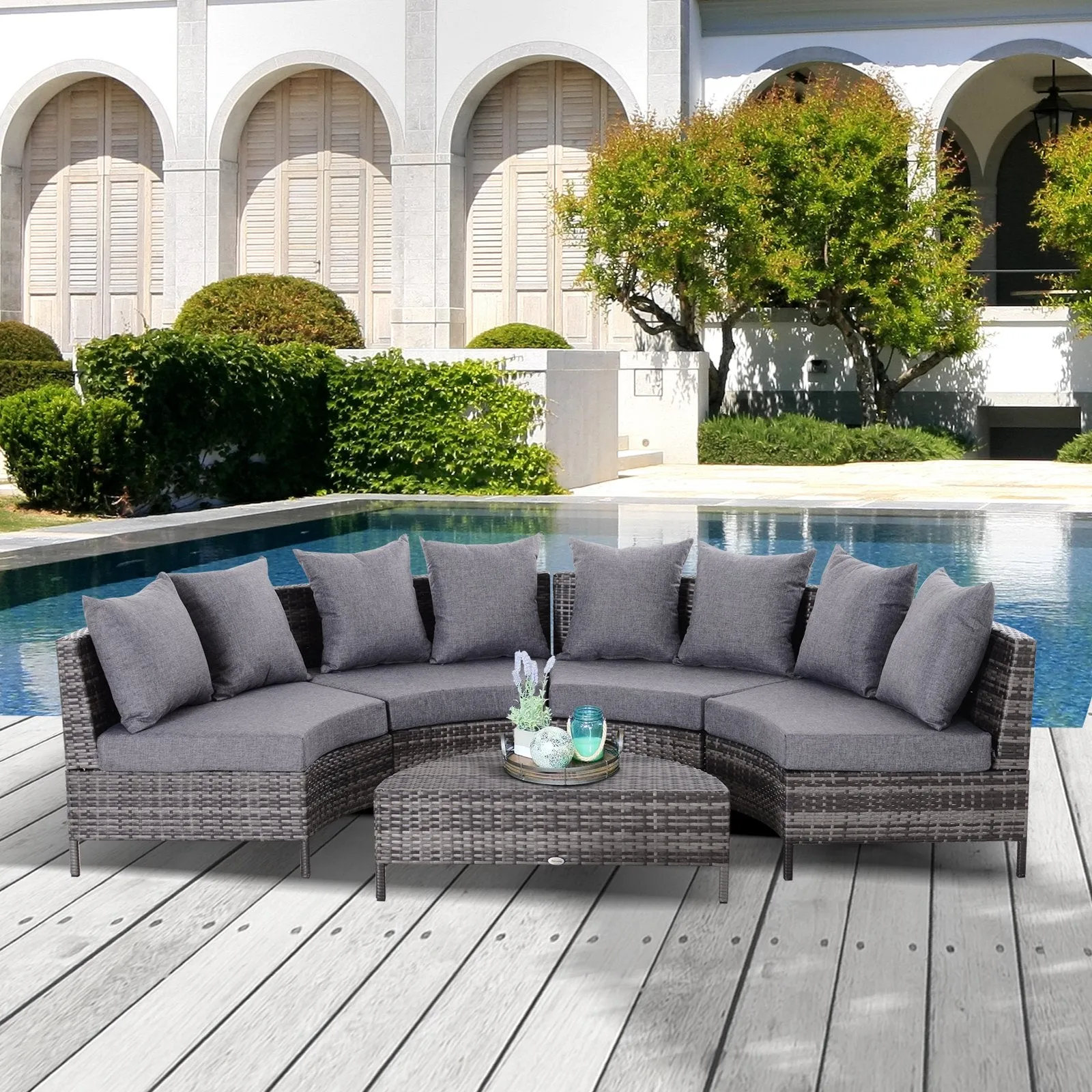 5pc Half Moon Wicker Rattan Outdoor Patio Furniture Set - Grey