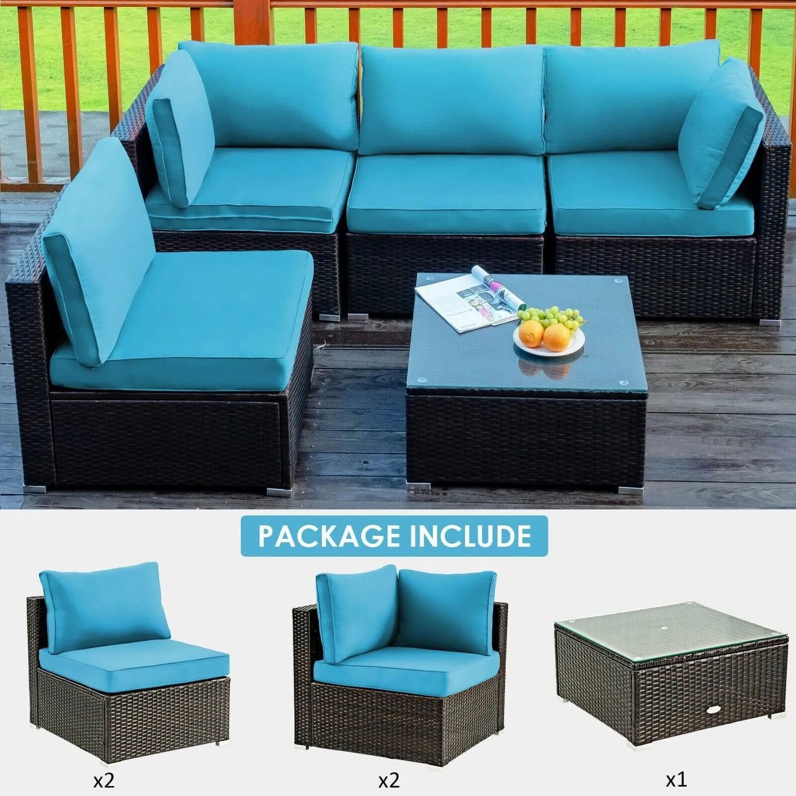 5pc Wicker Rattan Cushioned Patio Furniture Set - Turquoise