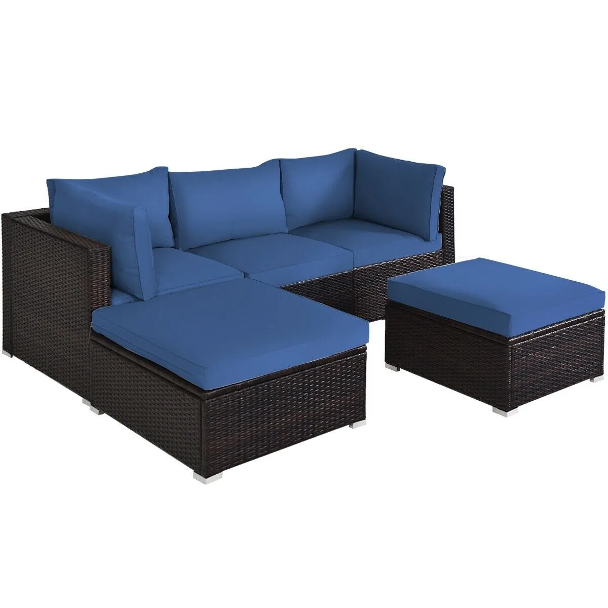 5pc Wicker Rattan Patio Sofa Set with Cushion and Ottoman - Navy