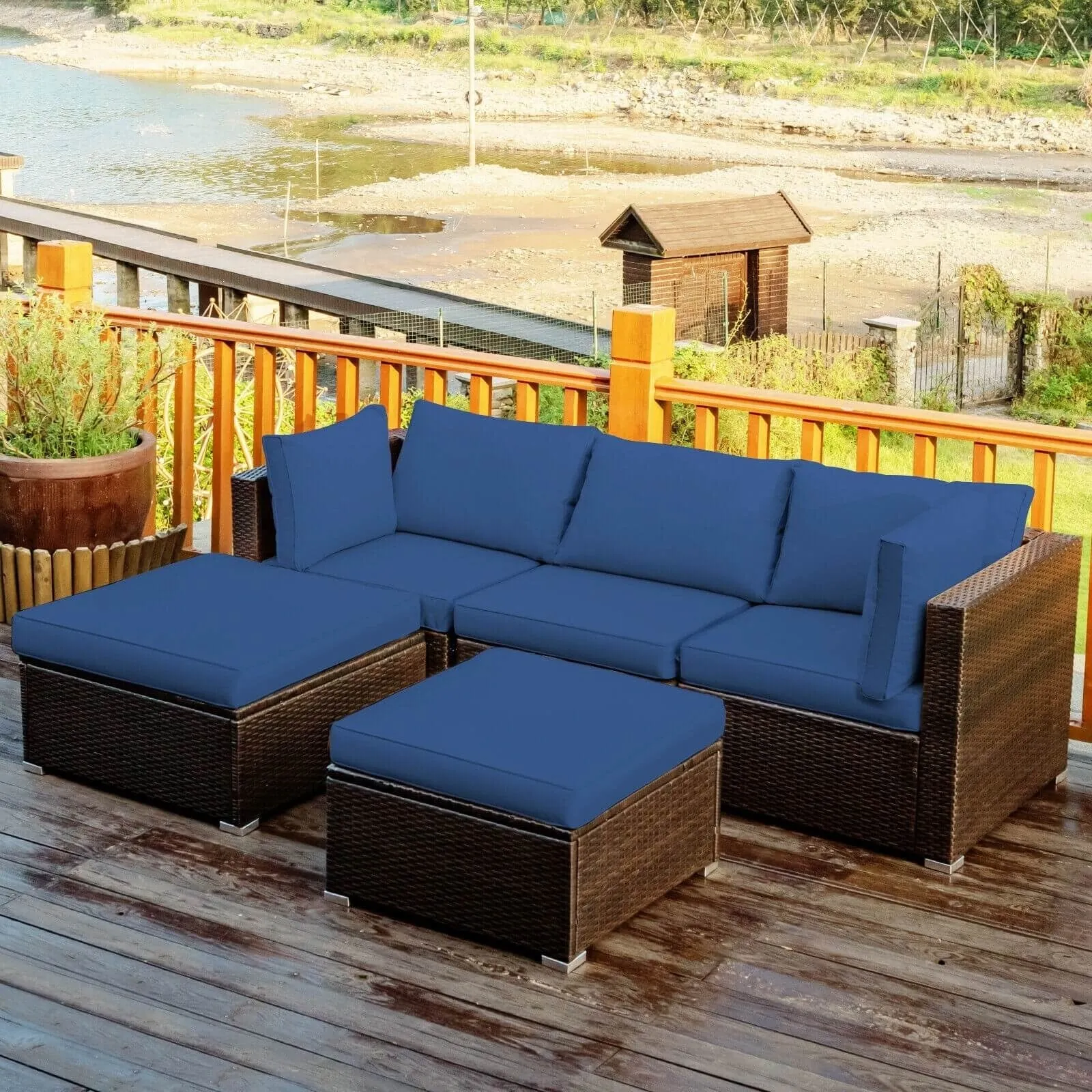 5pc Wicker Rattan Patio Sofa Set with Cushion and Ottoman - Navy