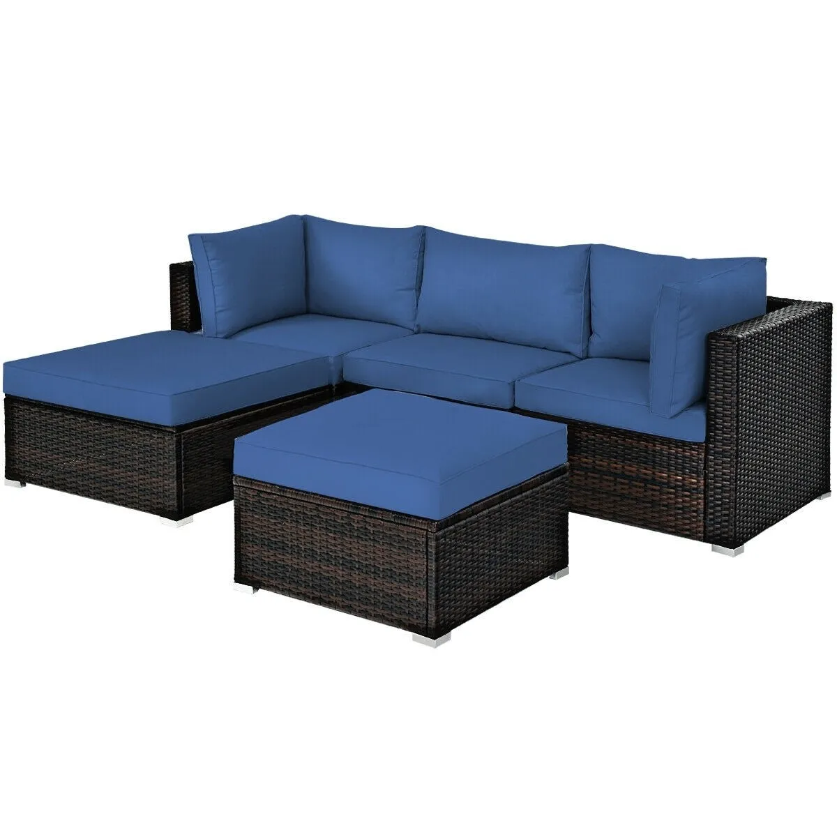 5pc Wicker Rattan Patio Sofa Set with Cushion and Ottoman - Navy