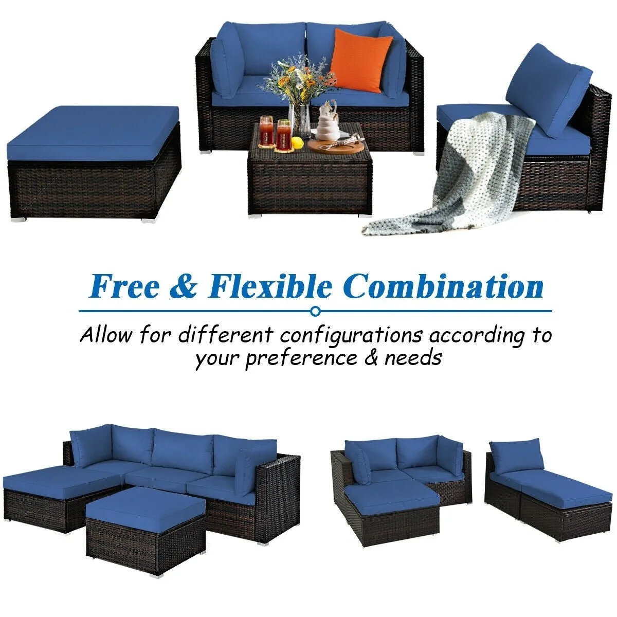 5pc Wicker Rattan Patio Sofa Set with Cushion and Ottoman - Navy