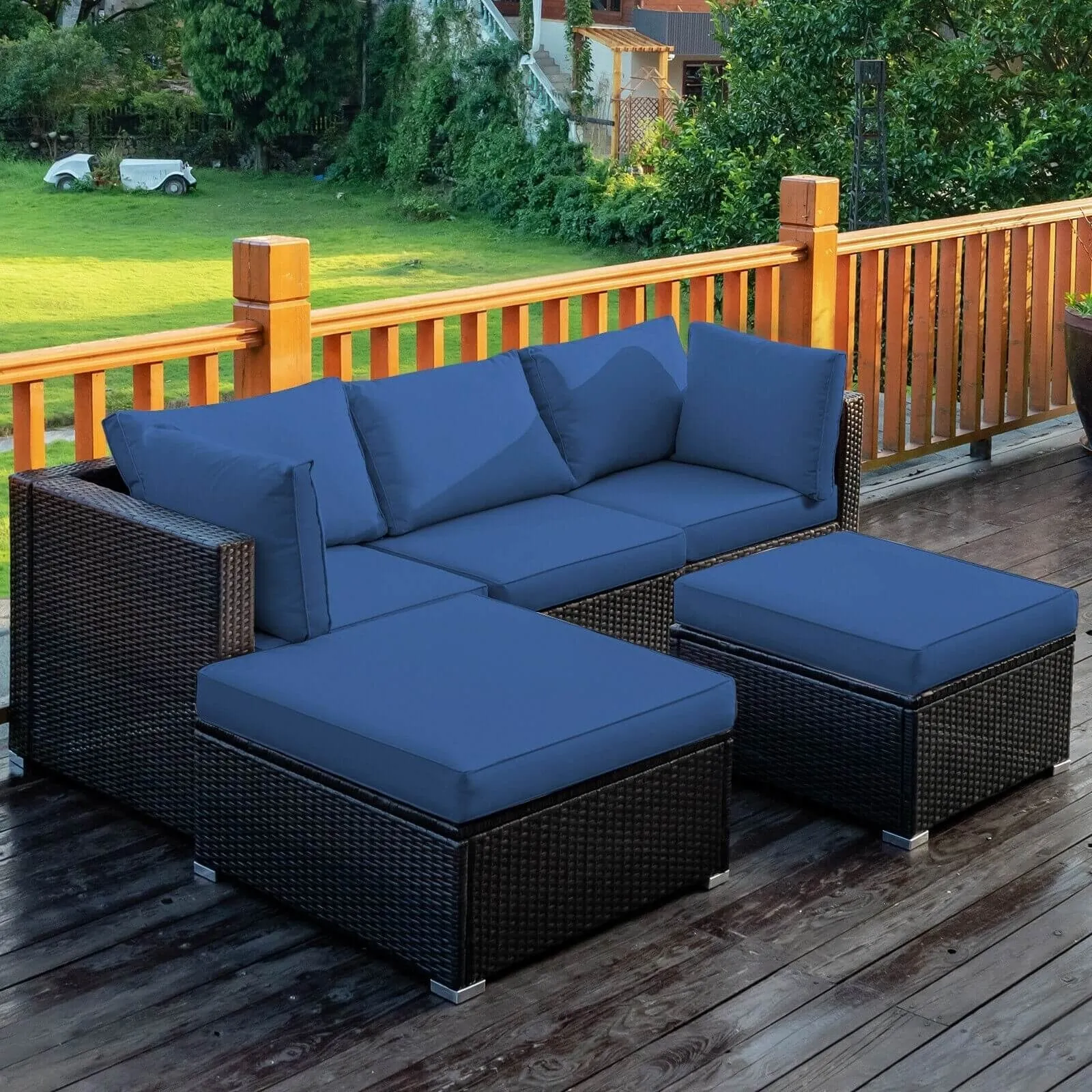 5pc Wicker Rattan Patio Sofa Set with Cushion and Ottoman - Navy