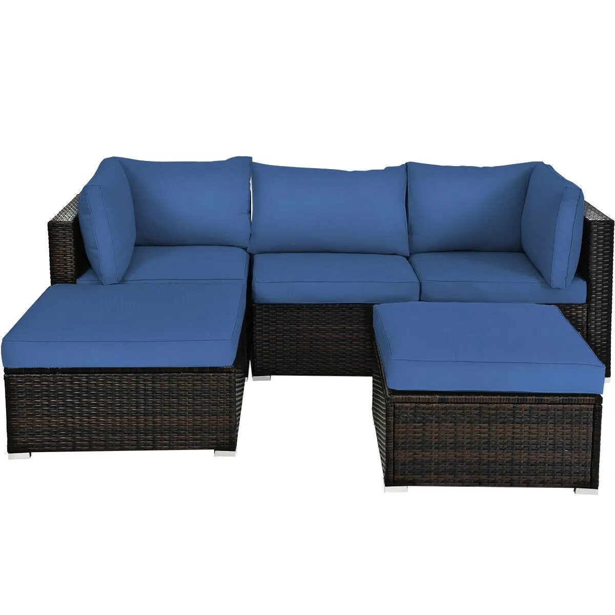 5pc Wicker Rattan Patio Sofa Set with Cushion and Ottoman - Navy