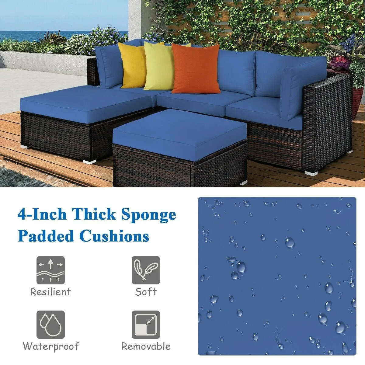 5pc Wicker Rattan Patio Sofa Set with Cushion and Ottoman - Navy