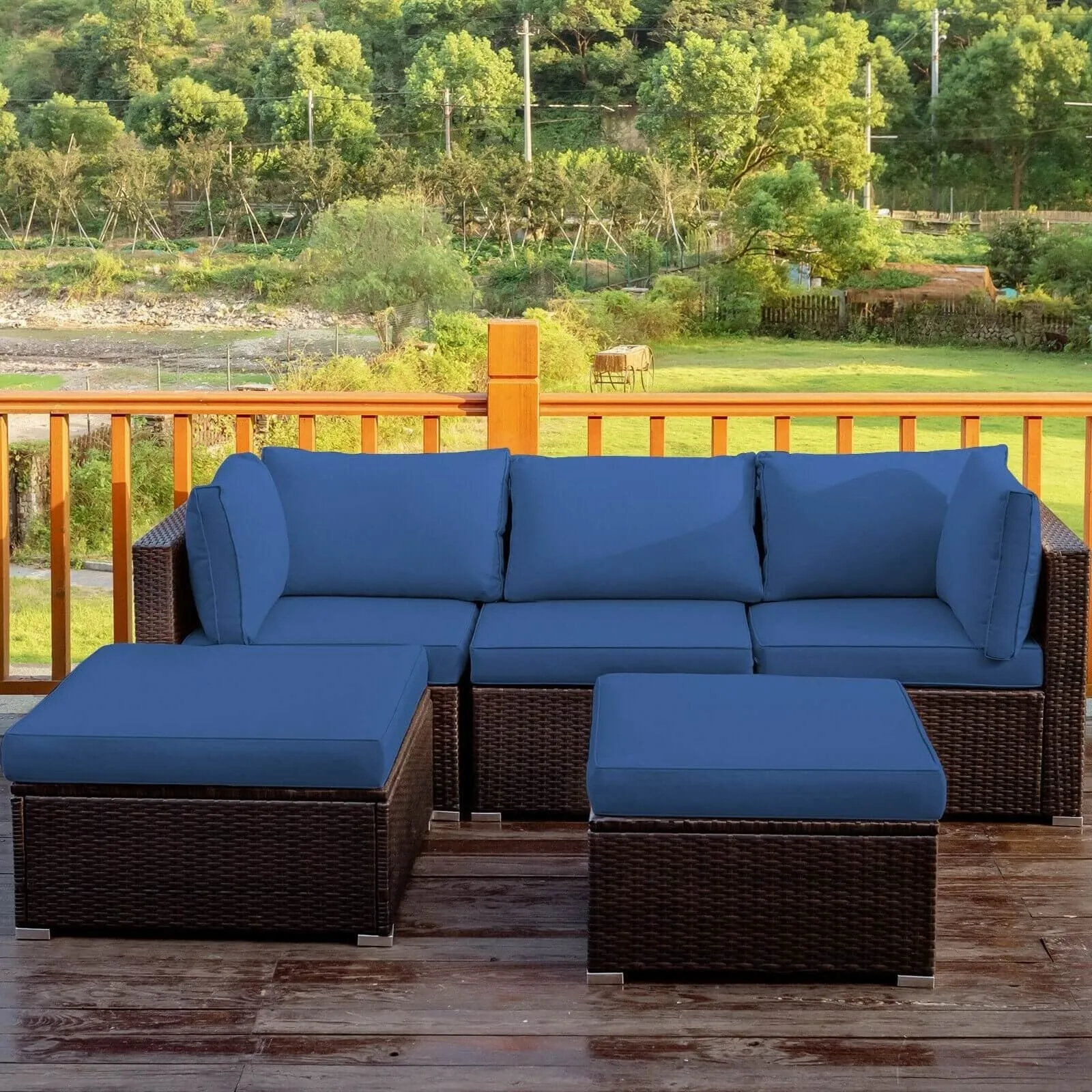 5pc Wicker Rattan Patio Sofa Set with Cushion and Ottoman - Navy