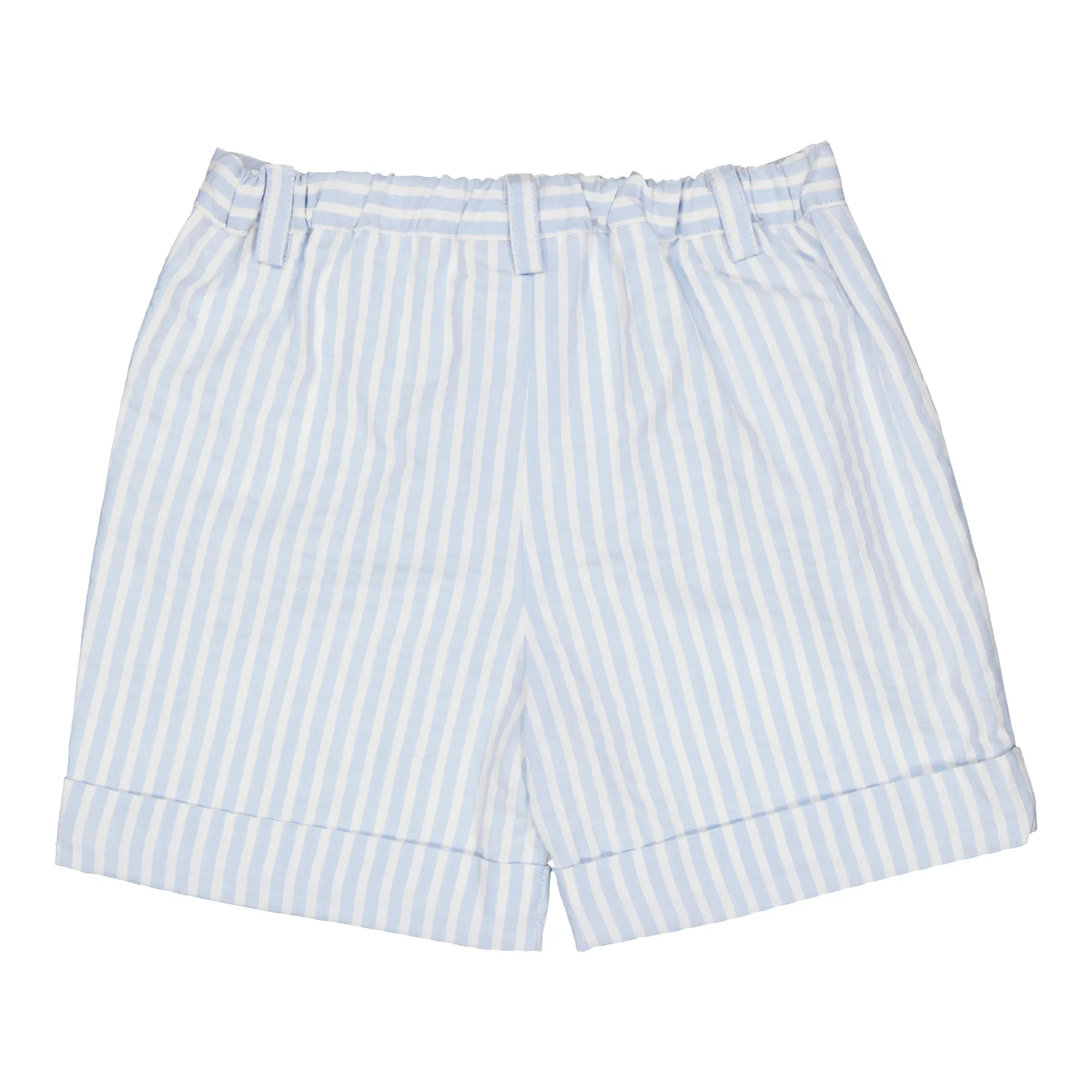 Adam Boy Short with Rolled Up Bottom in Blue and White Seersucker Stripes