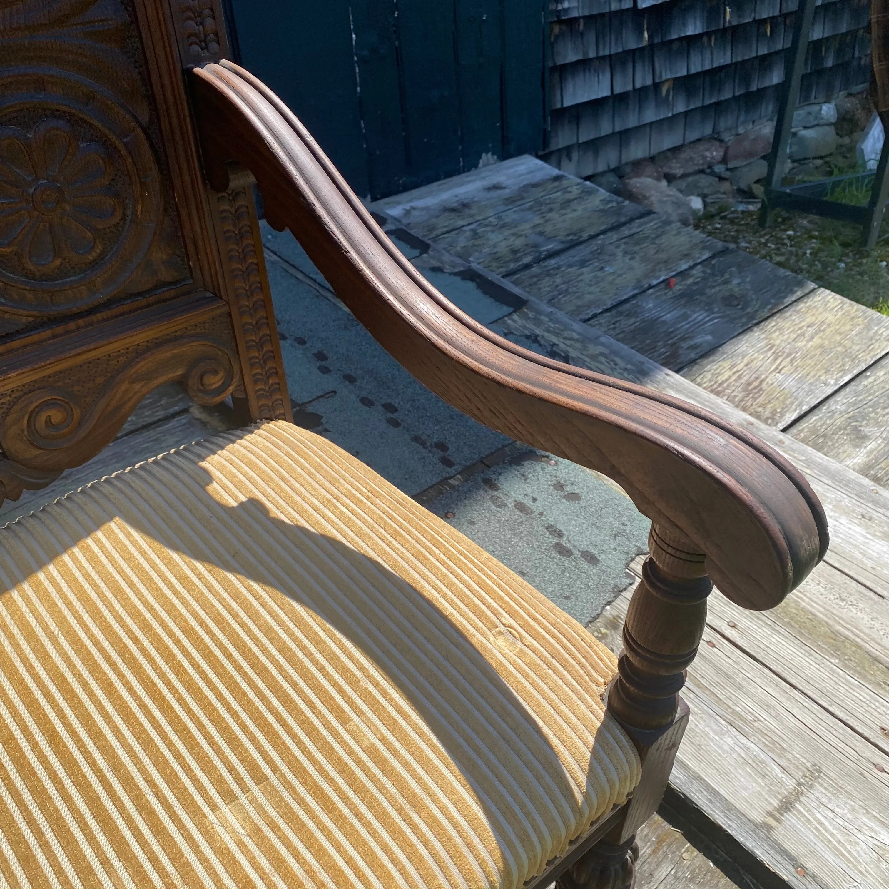 Antique Set of 8 British Jacobean Style Carved Oak Dining Chairs: 2 Arm Chairs and 6 Side Chairs