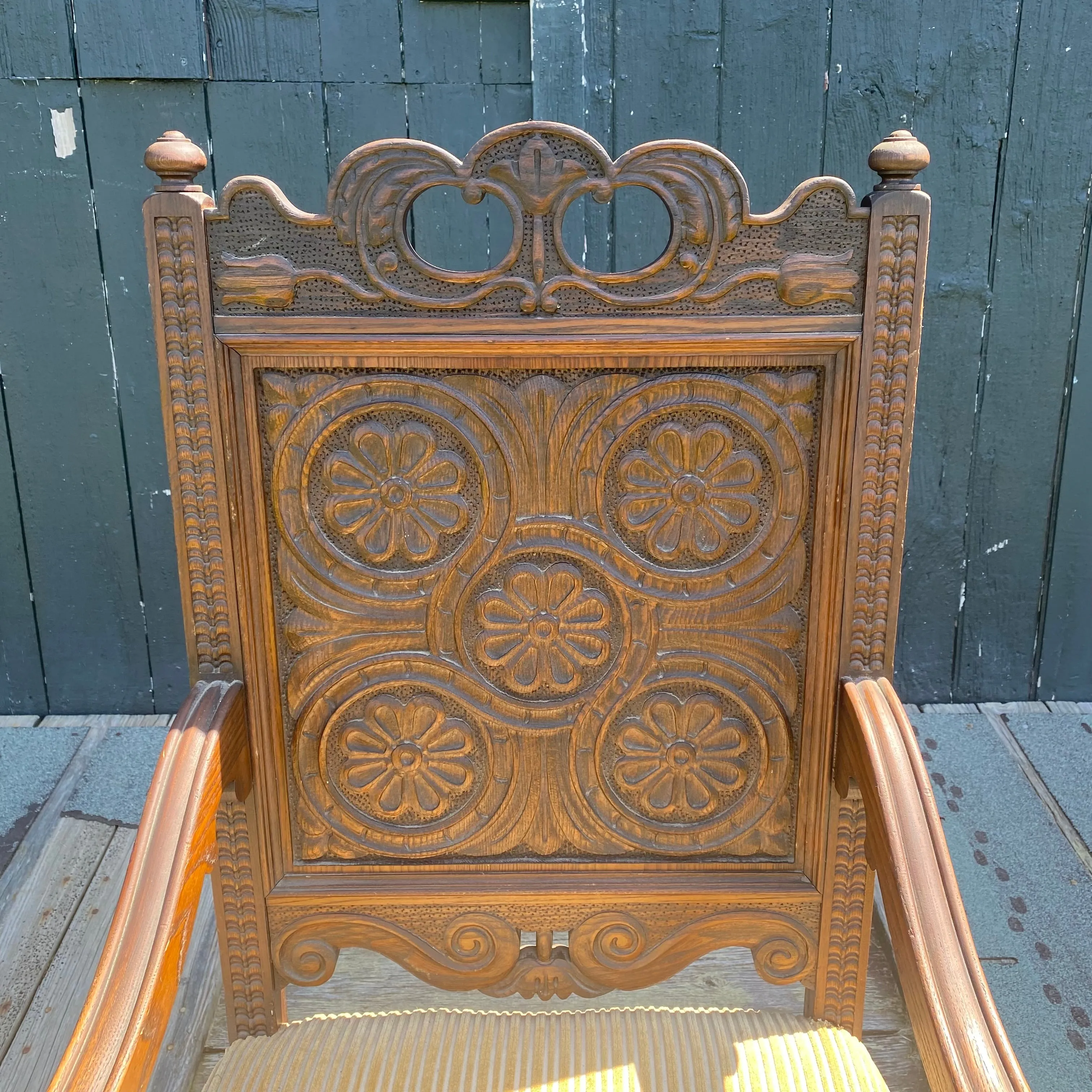 Antique Set of 8 British Jacobean Style Carved Oak Dining Chairs: 2 Arm Chairs and 6 Side Chairs