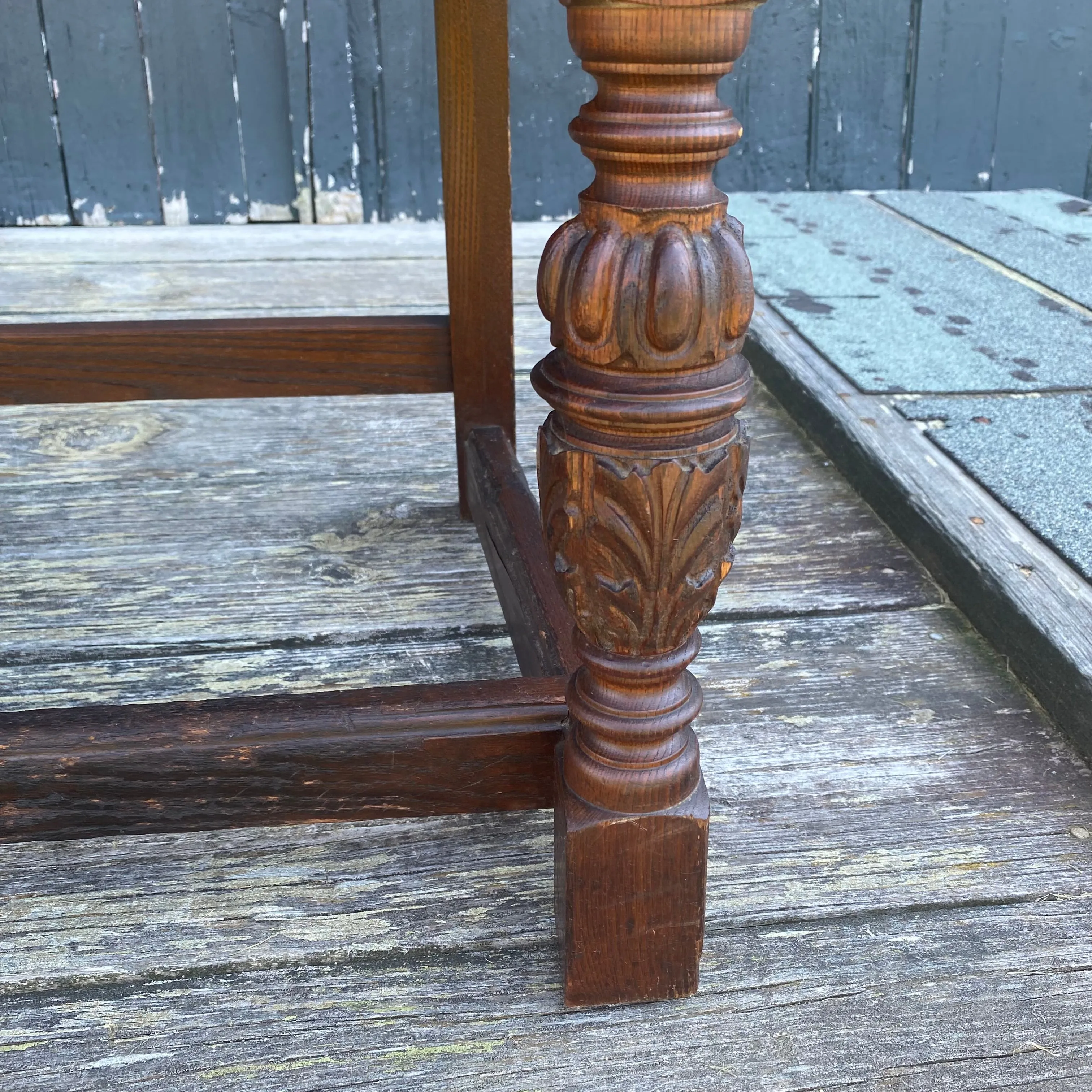 Antique Set of 8 British Jacobean Style Carved Oak Dining Chairs: 2 Arm Chairs and 6 Side Chairs