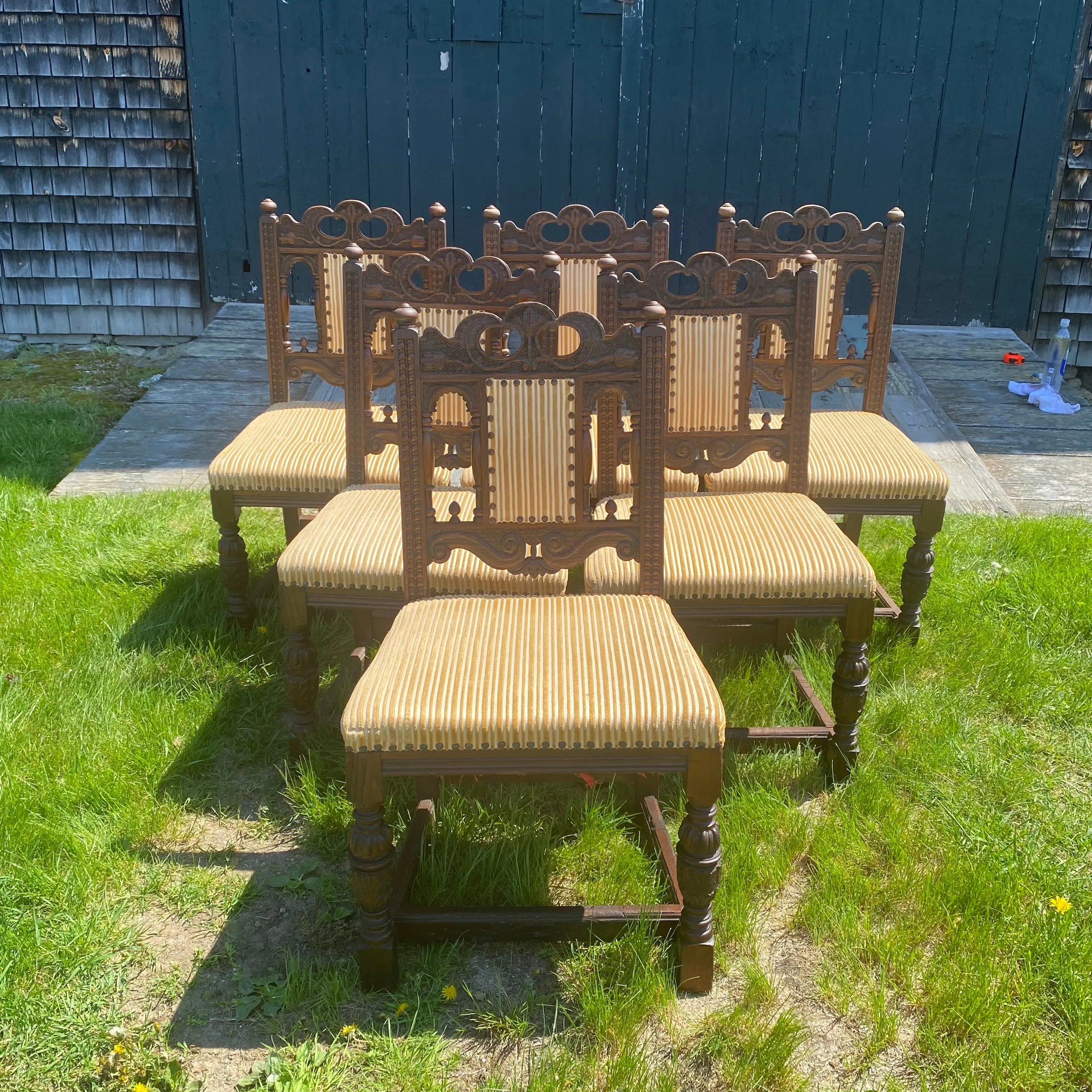 Antique Set of 8 British Jacobean Style Carved Oak Dining Chairs: 2 Arm Chairs and 6 Side Chairs