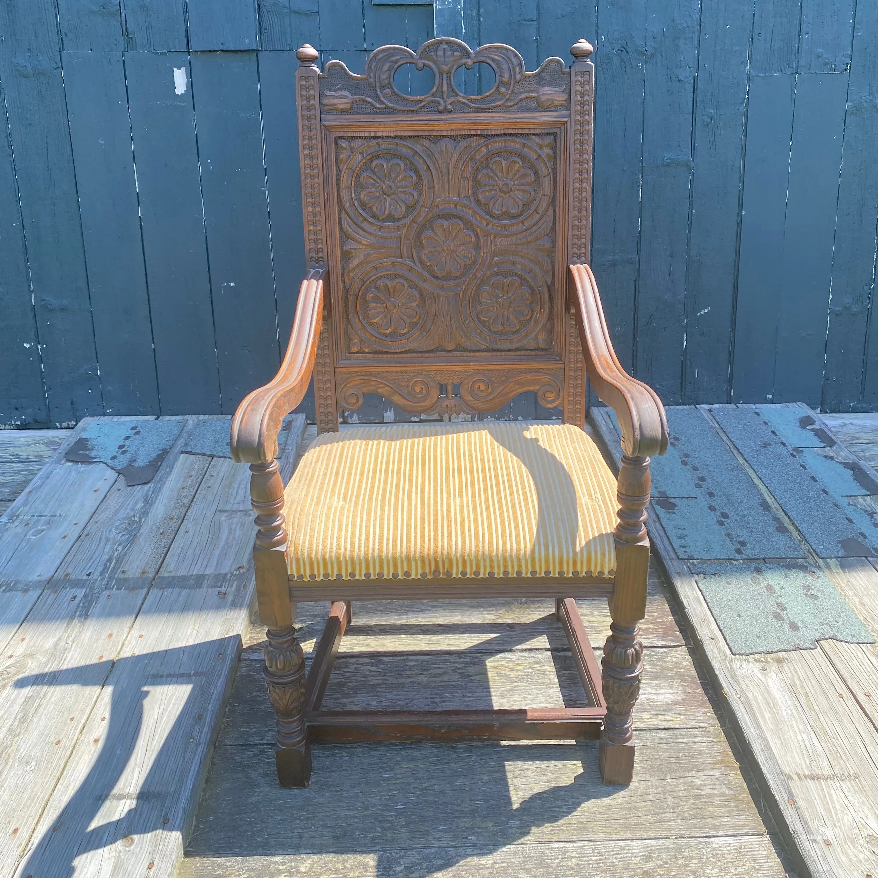 Antique Set of 8 British Jacobean Style Carved Oak Dining Chairs: 2 Arm Chairs and 6 Side Chairs