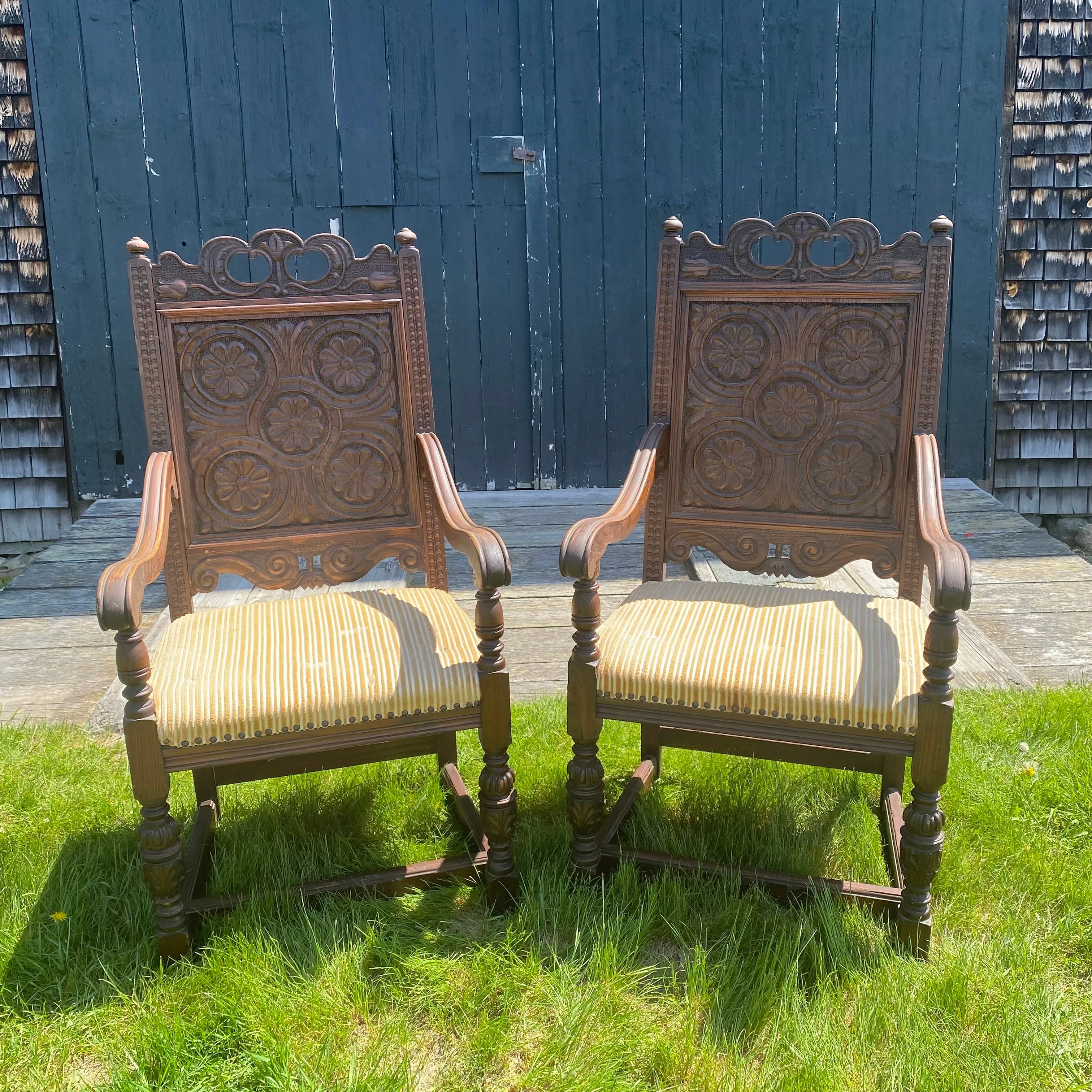 Antique Set of 8 British Jacobean Style Carved Oak Dining Chairs: 2 Arm Chairs and 6 Side Chairs