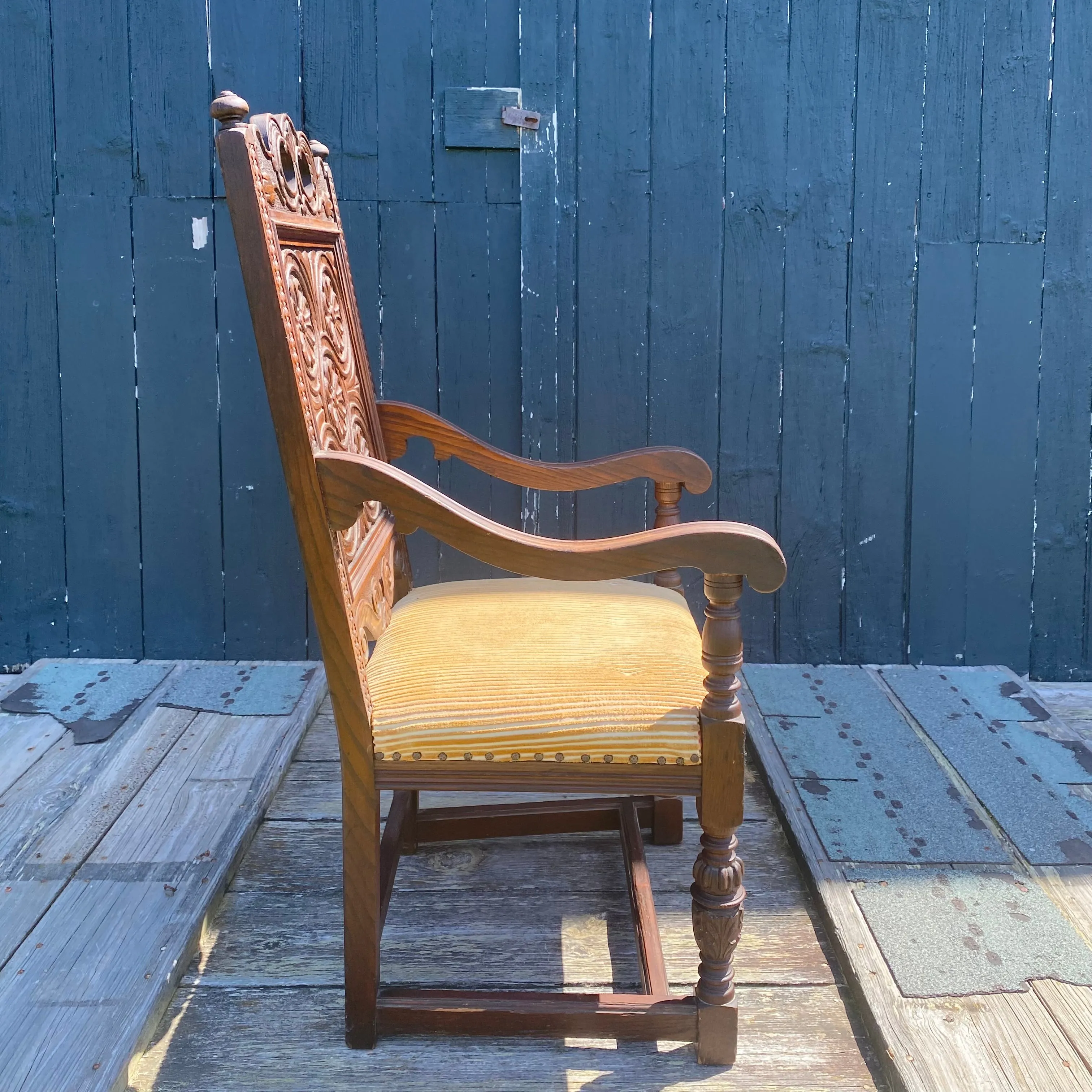 Antique Set of 8 British Jacobean Style Carved Oak Dining Chairs: 2 Arm Chairs and 6 Side Chairs