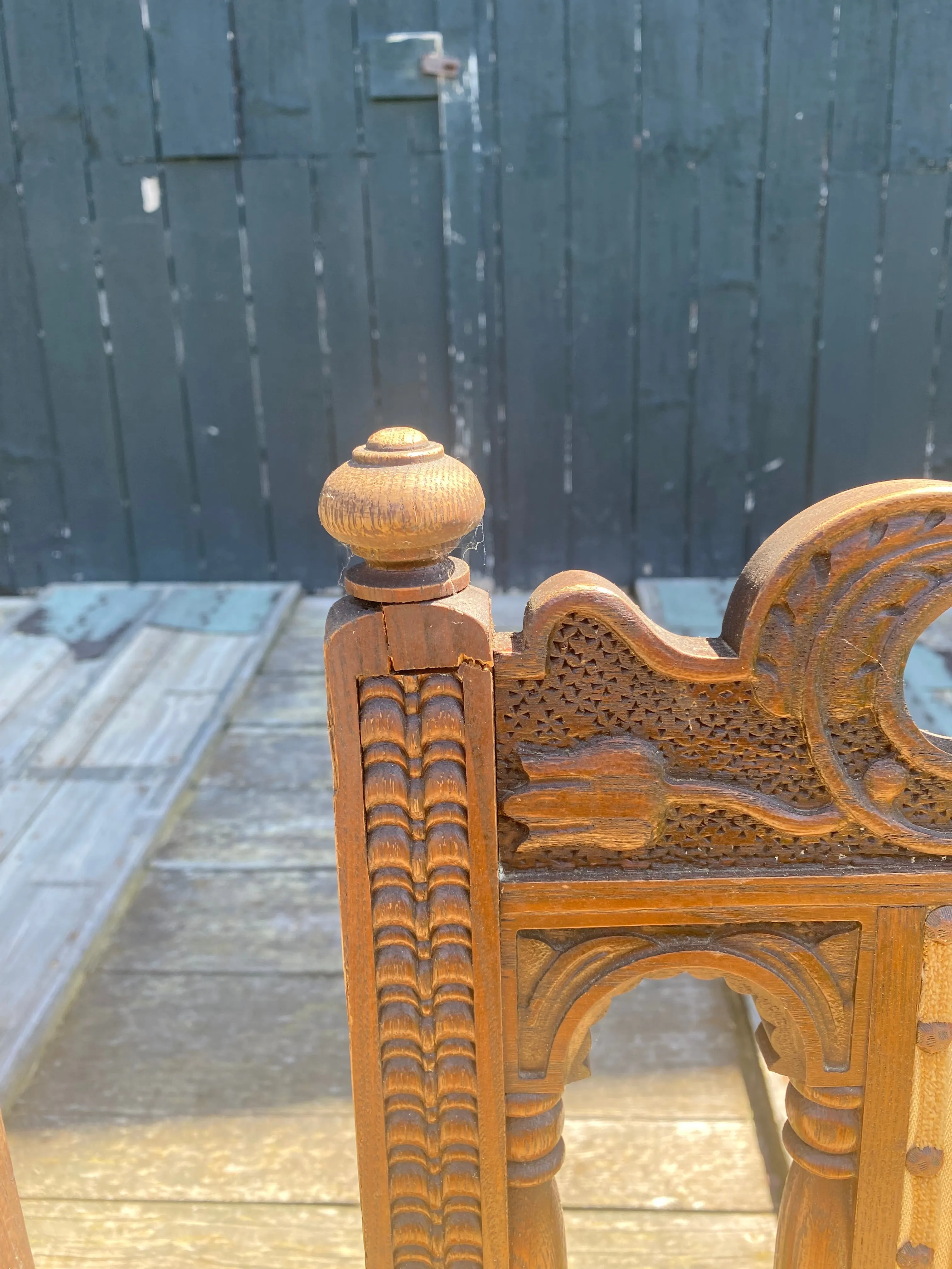 Antique Set of 8 British Jacobean Style Carved Oak Dining Chairs: 2 Arm Chairs and 6 Side Chairs