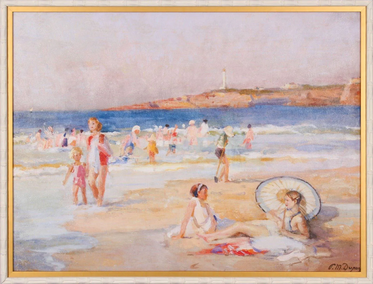 Beach at Biarritz With Lighthouse and Sunbathers Wall Art in Double White & Gold Frame