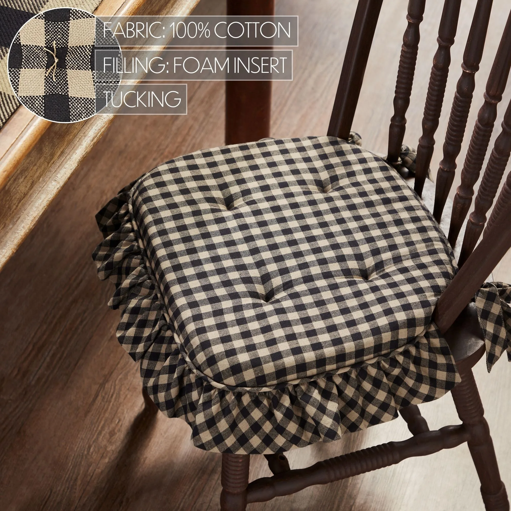 Black Check Ruffled Chair Pad 16.5x18