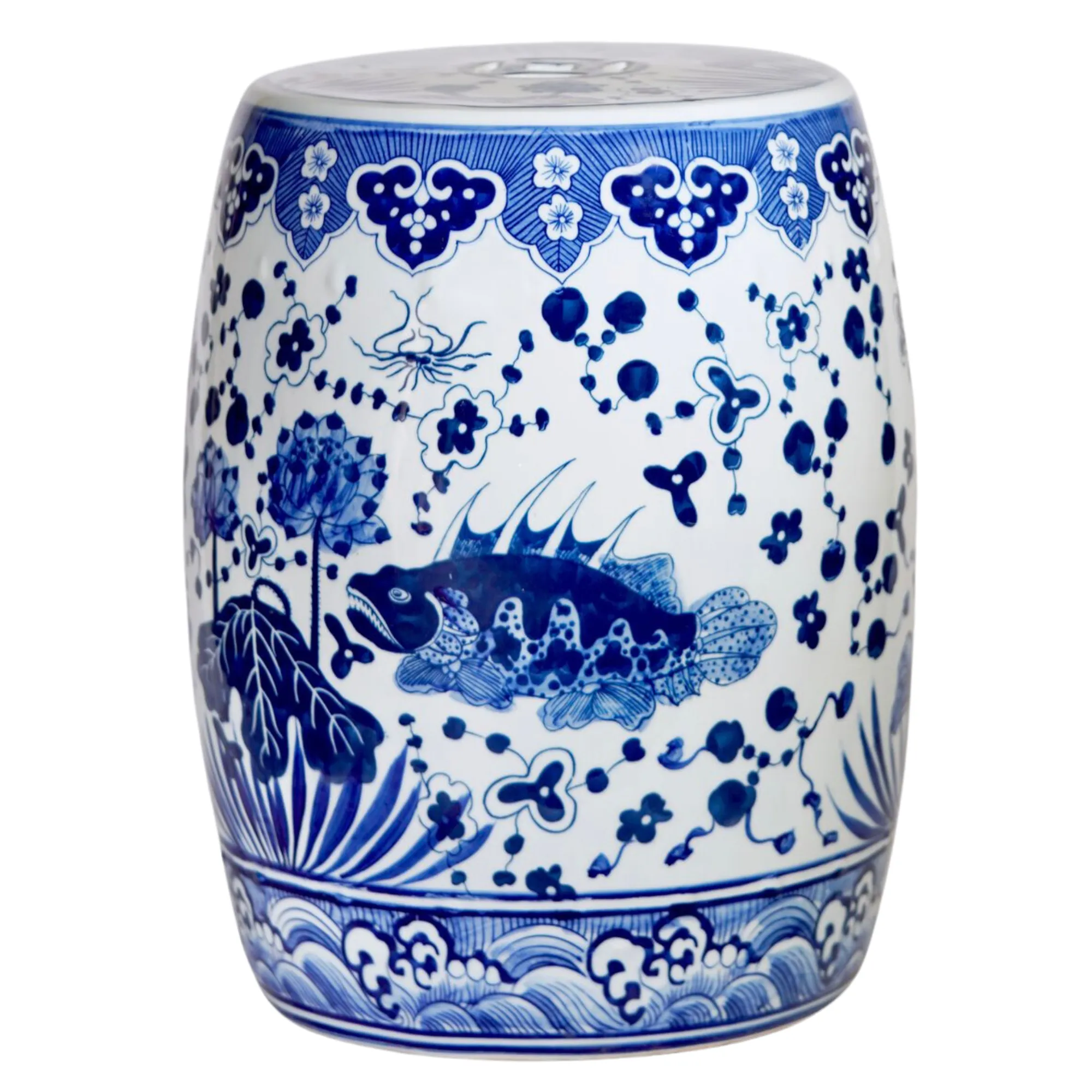 Blue & White Koi Fish Pond Life Scene Garden Stool