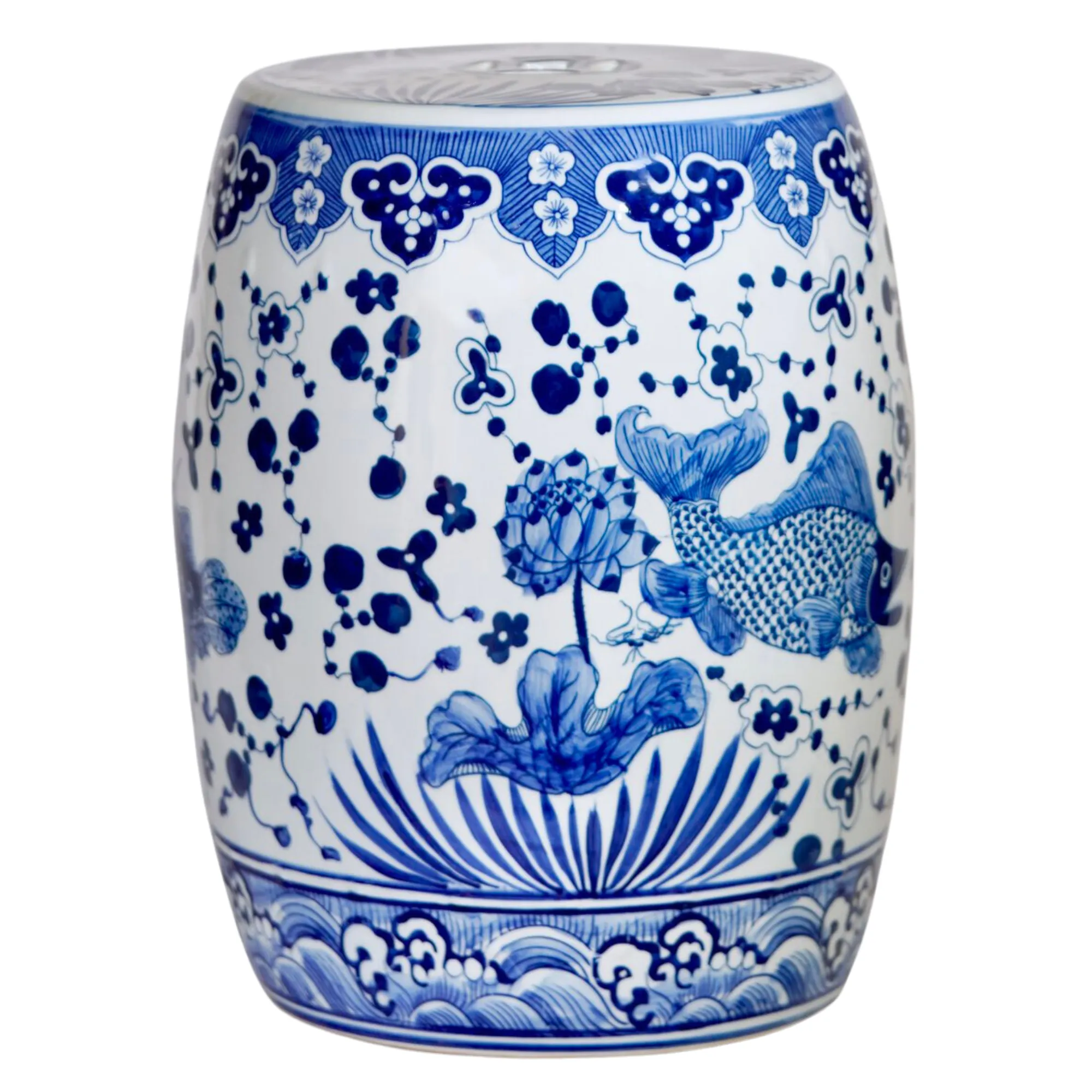 Blue & White Koi Fish Pond Life Scene Garden Stool