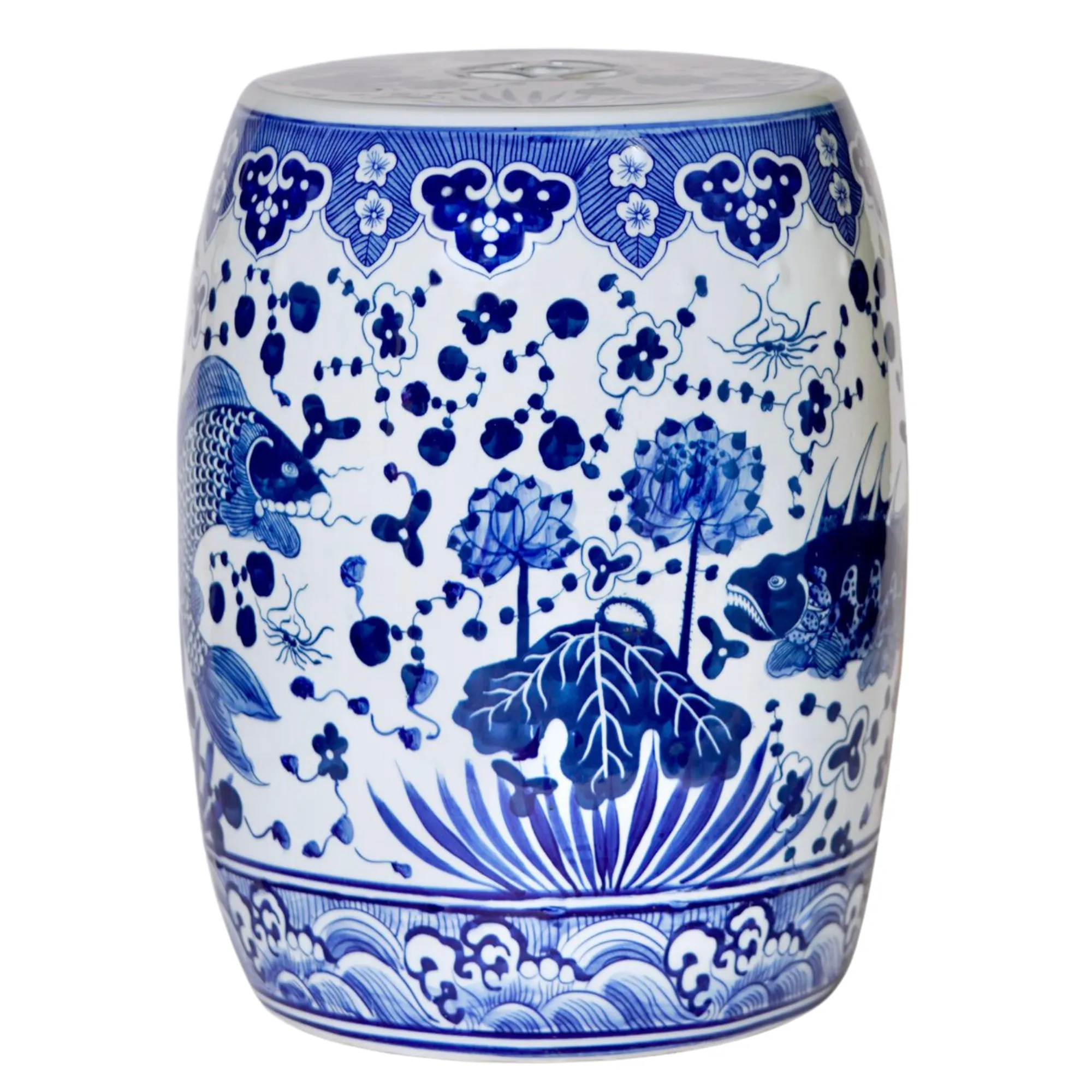 Blue & White Koi Fish Pond Life Scene Garden Stool