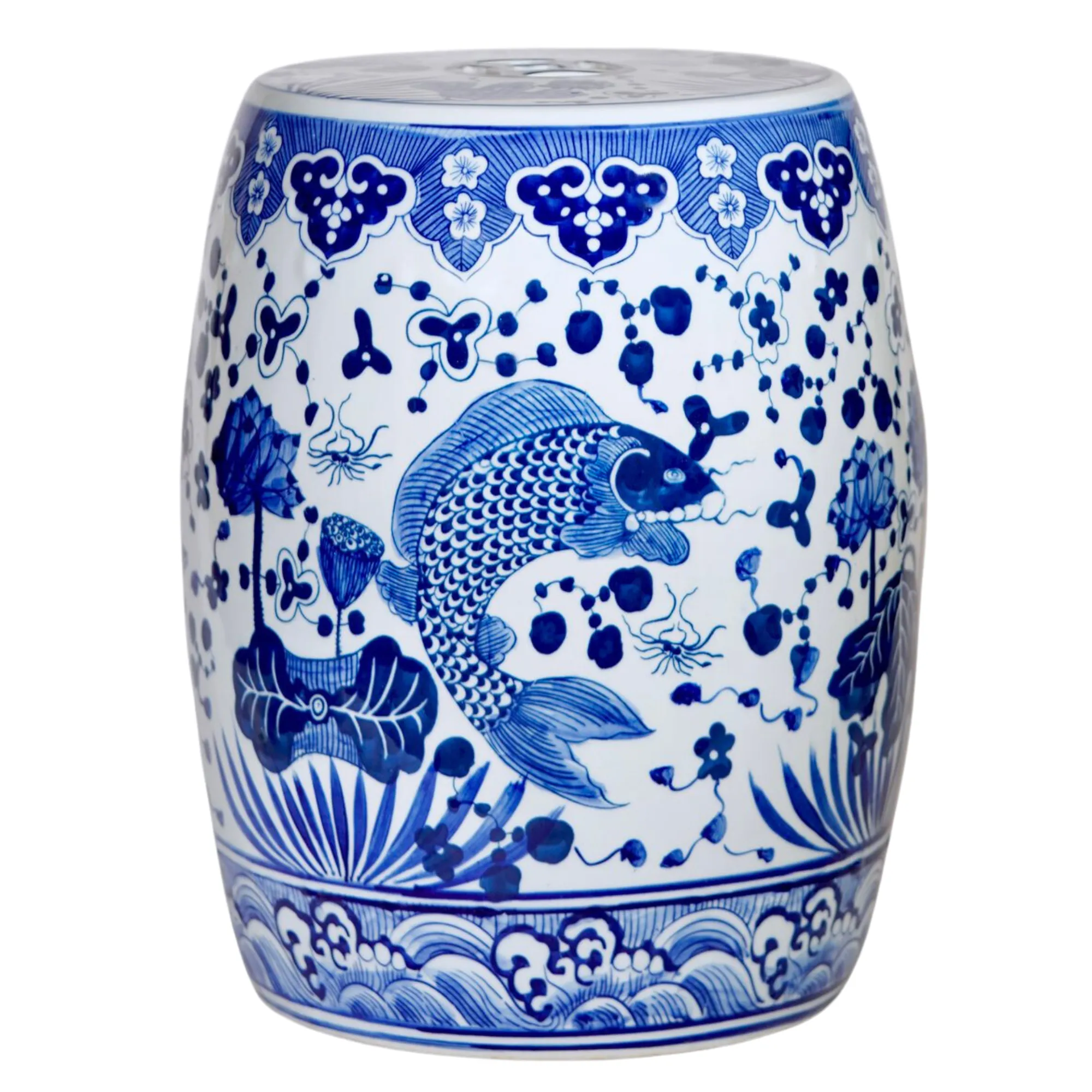 Blue & White Koi Fish Pond Life Scene Garden Stool