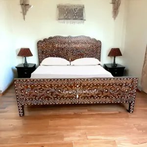 Bone Inlaid Teakwood Bed Mehraab Walnut Finish