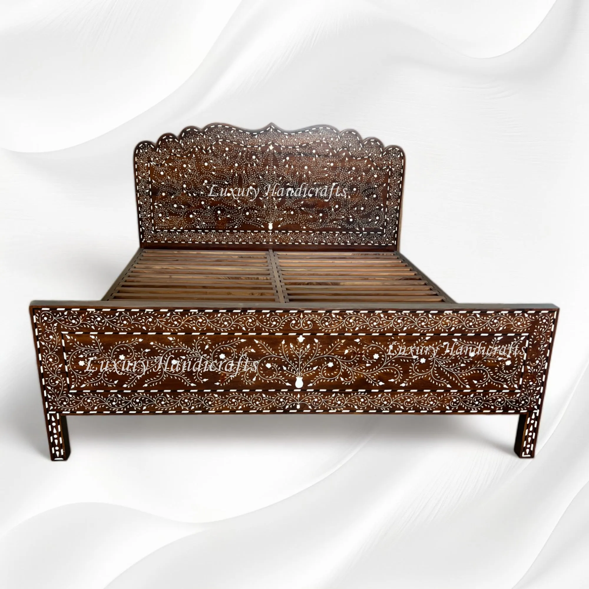 Bone Inlaid Teakwood Bed Mehraab Walnut Finish